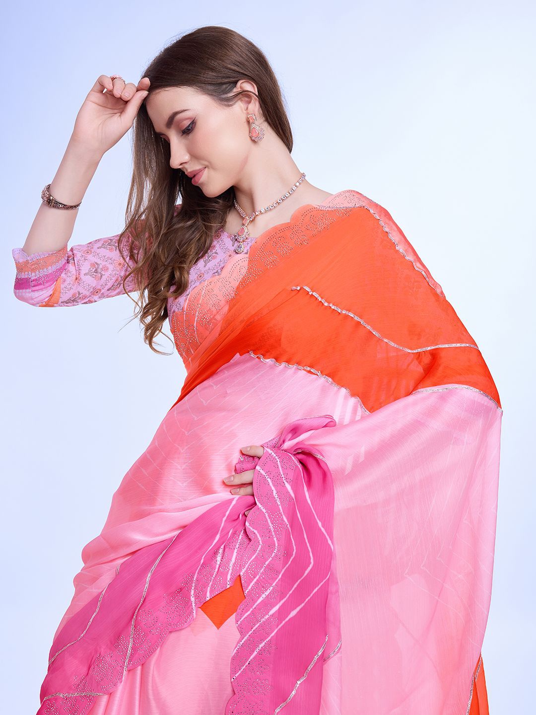 

Mitera Striped Embroidered Saree, Pink