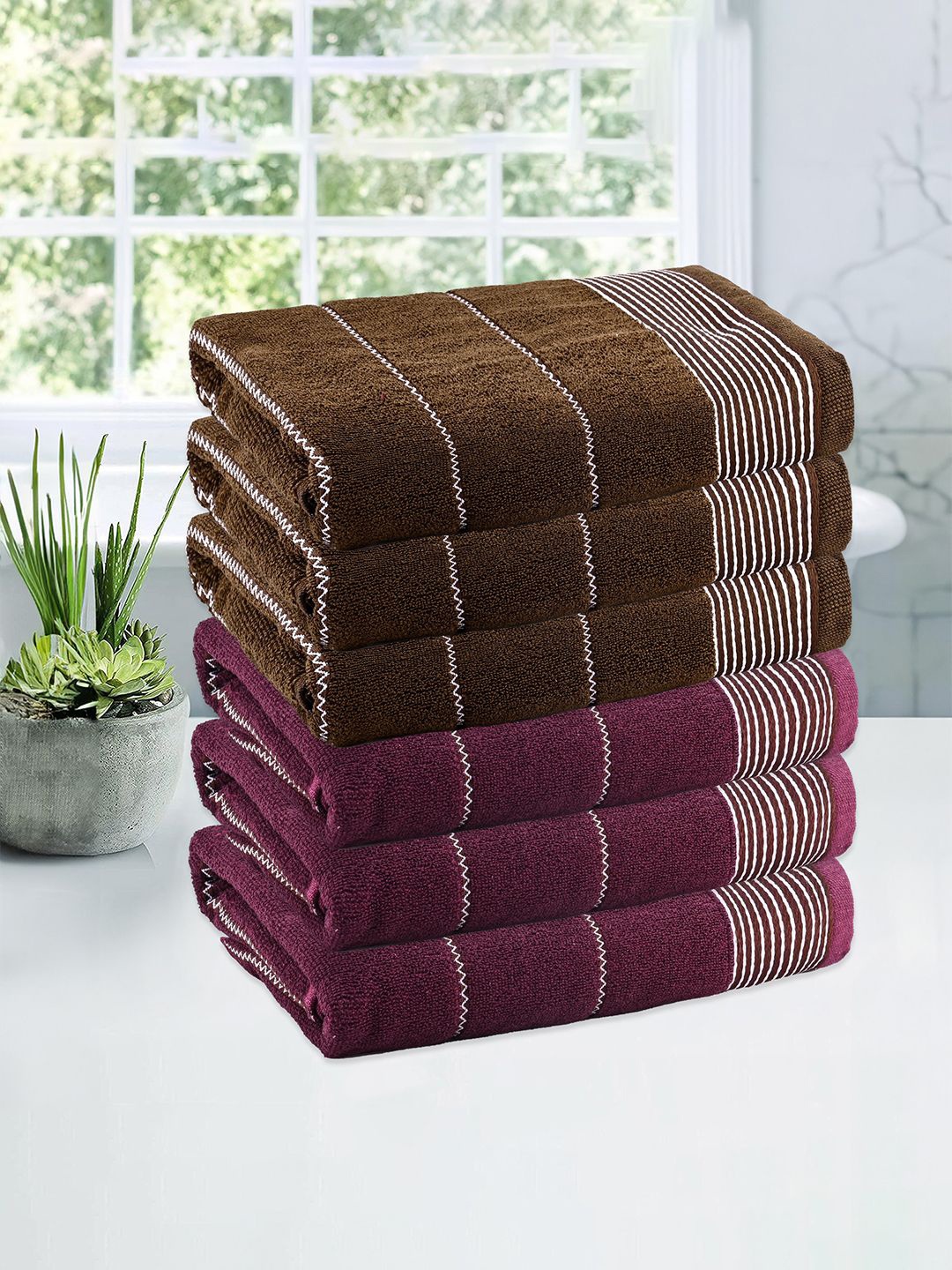 

Kuber Industries Maroon & Brown 6 Pieces Striped Cotton 450 GSM Bath Towel