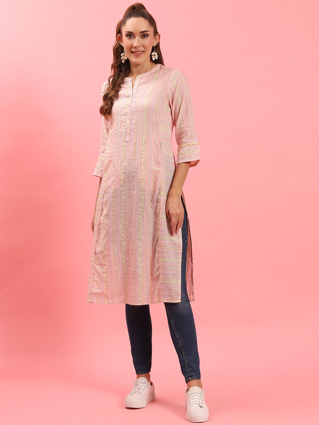 

Shree Striped Mandarin Collar Liva Straight Kurta, Peach