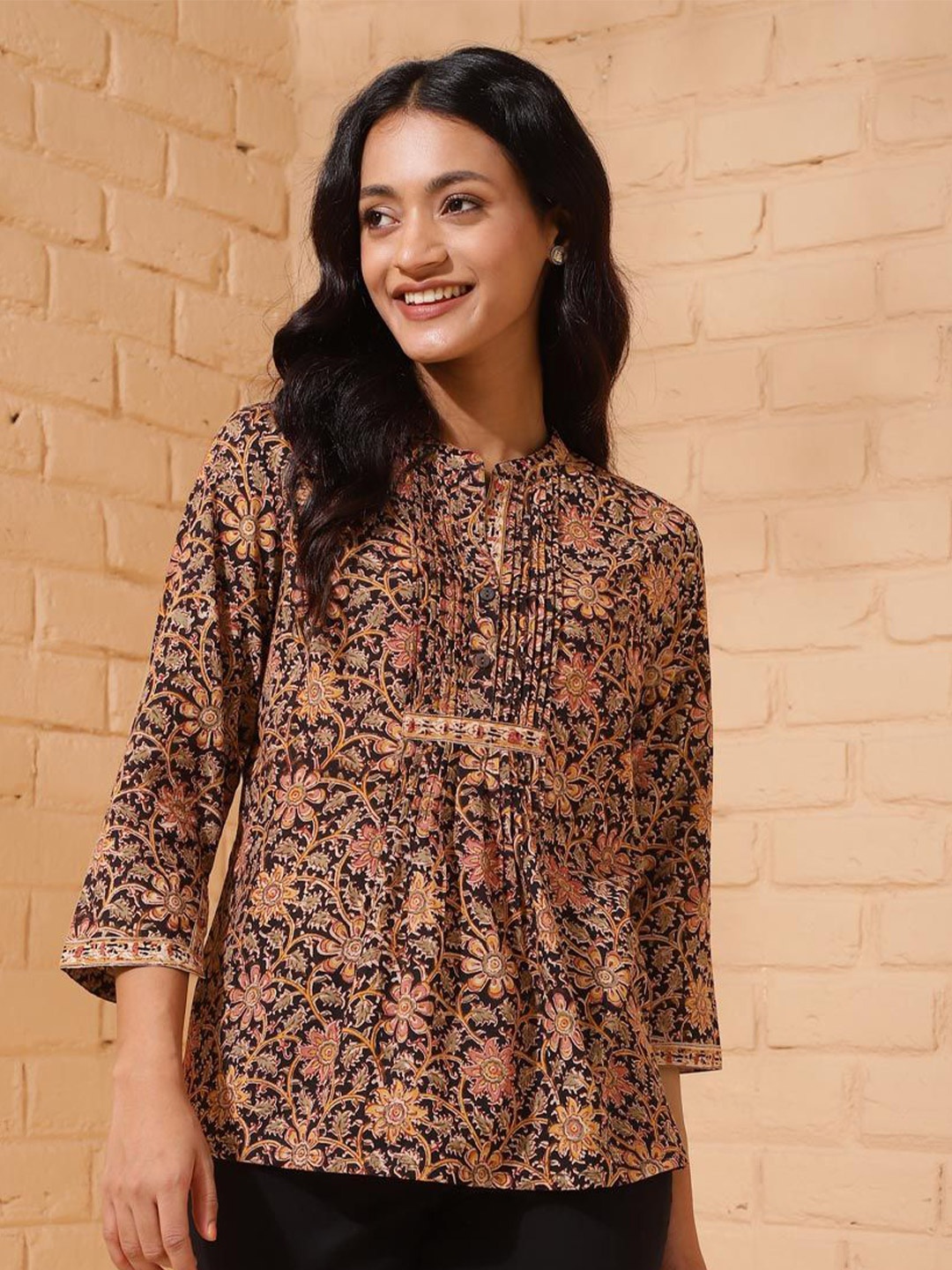 

Fabindia Women Ethnic Motifs Printed Mandarin Collar Cotton Top, Black