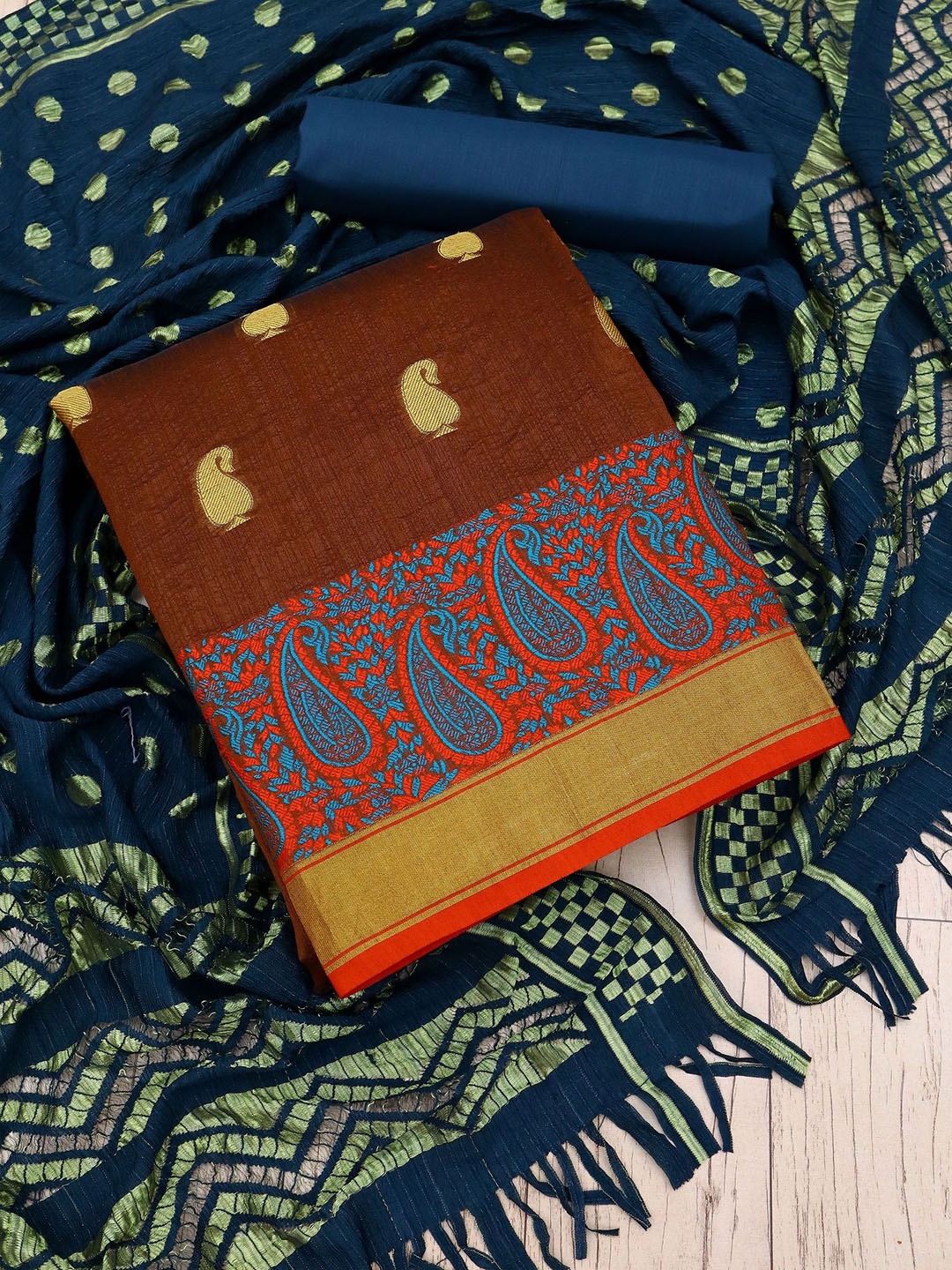 

Aika Paisley Woven Design Pure Silk Unstitched Dress Material, Coffee brown