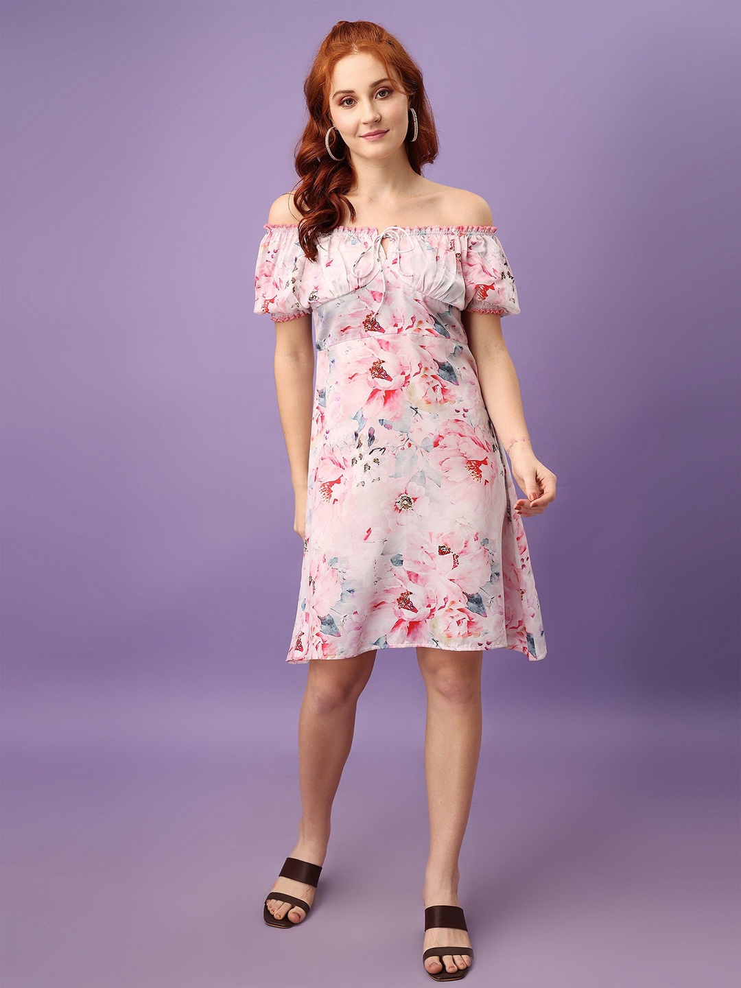 

Amarasha Floral Printed Off-Shoulder Fit & Flare Knee Length Dress, Off white