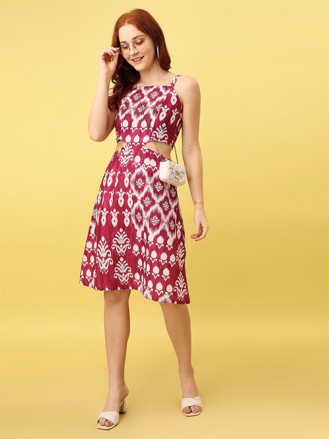

Amarasha Women Printed Shoulder Straps Fit & Flare Midi Dress, Maroon