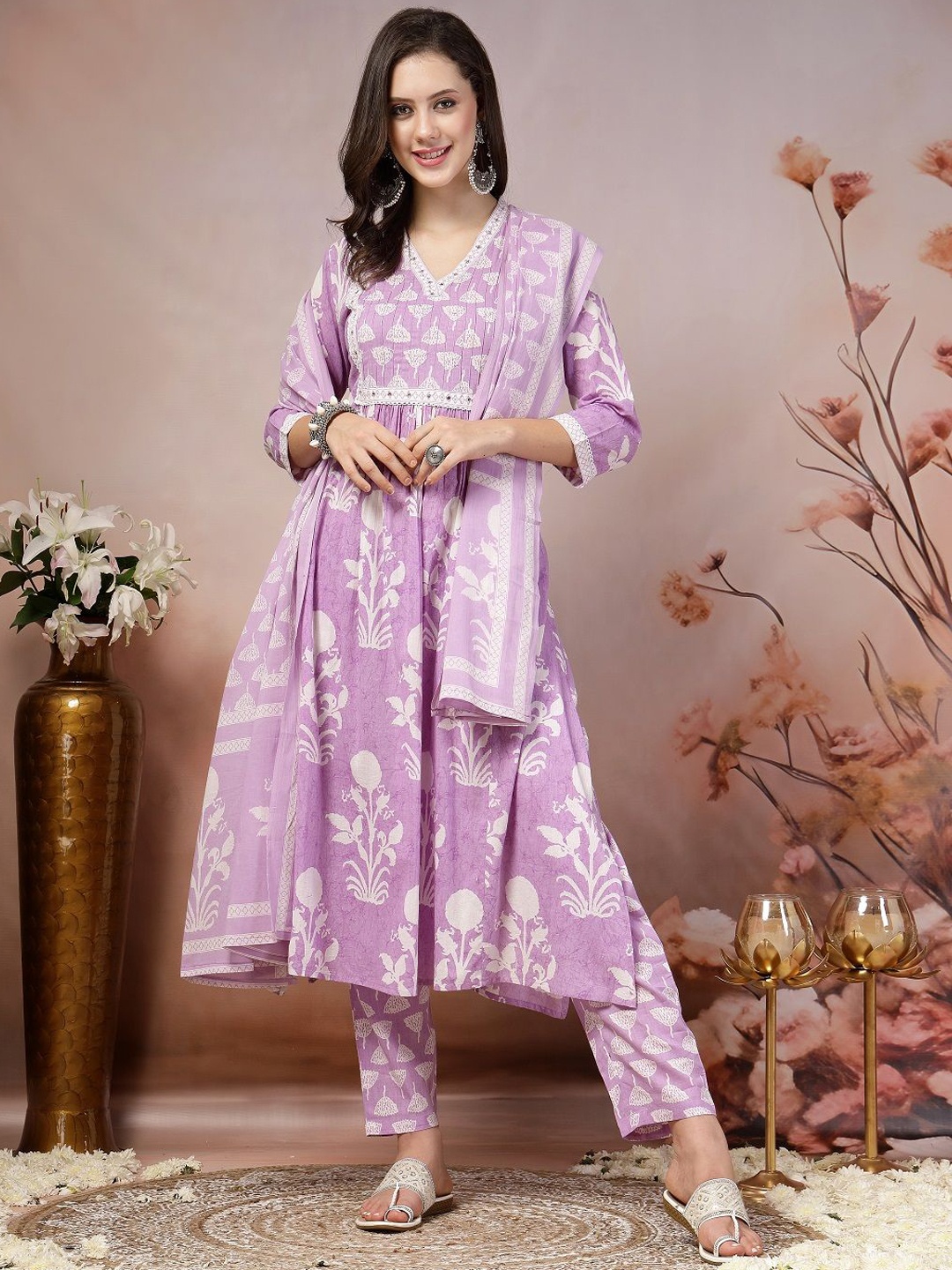 

Stylum Lavender Colour Floral Printed Sequinned Cotton A Line Kurta & Trouser With Dupatta