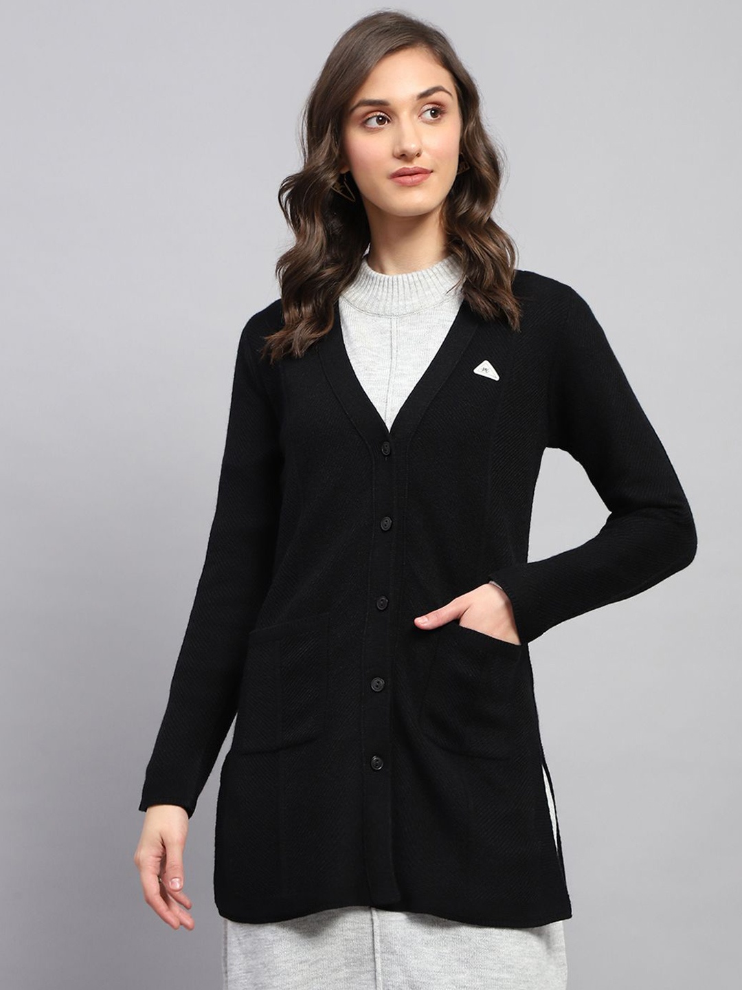 

Monte Carlo Women Self Design V Neck Long Sleeves Cardigan, Black
