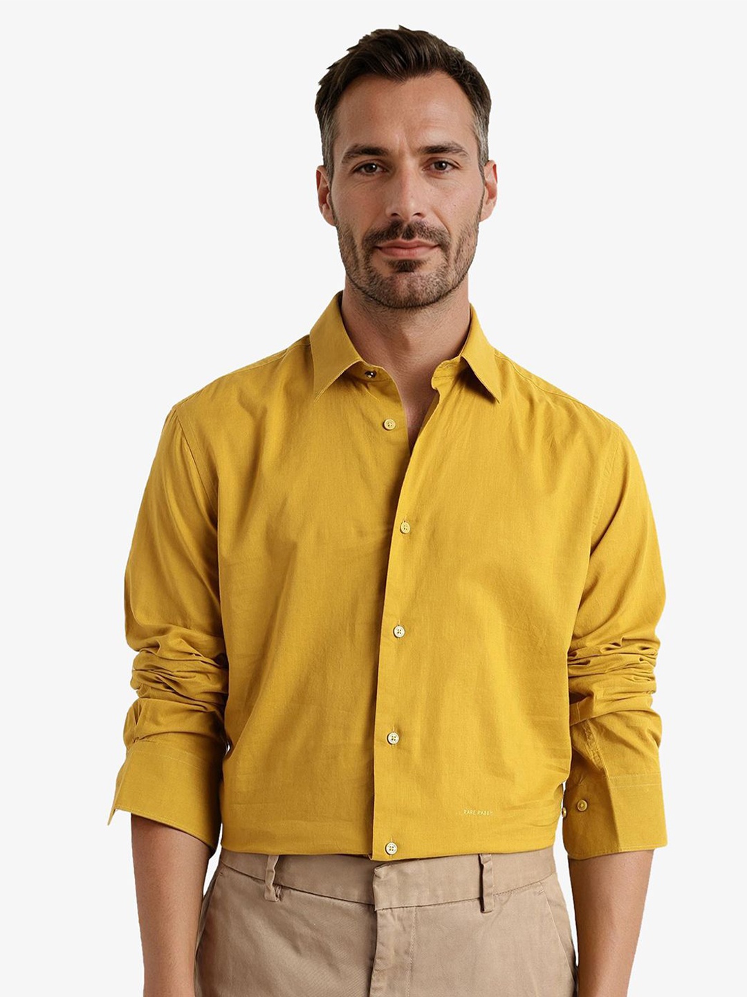 

RARE RABBIT Men Comfort Spread Collar Solid Cotton Casual Shirt, Mustard