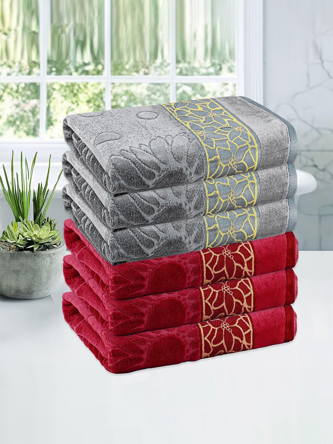 

Kuber Industries Maroon & Grey 6 Pieces Printed Cotton 450 GSM Bath Towel