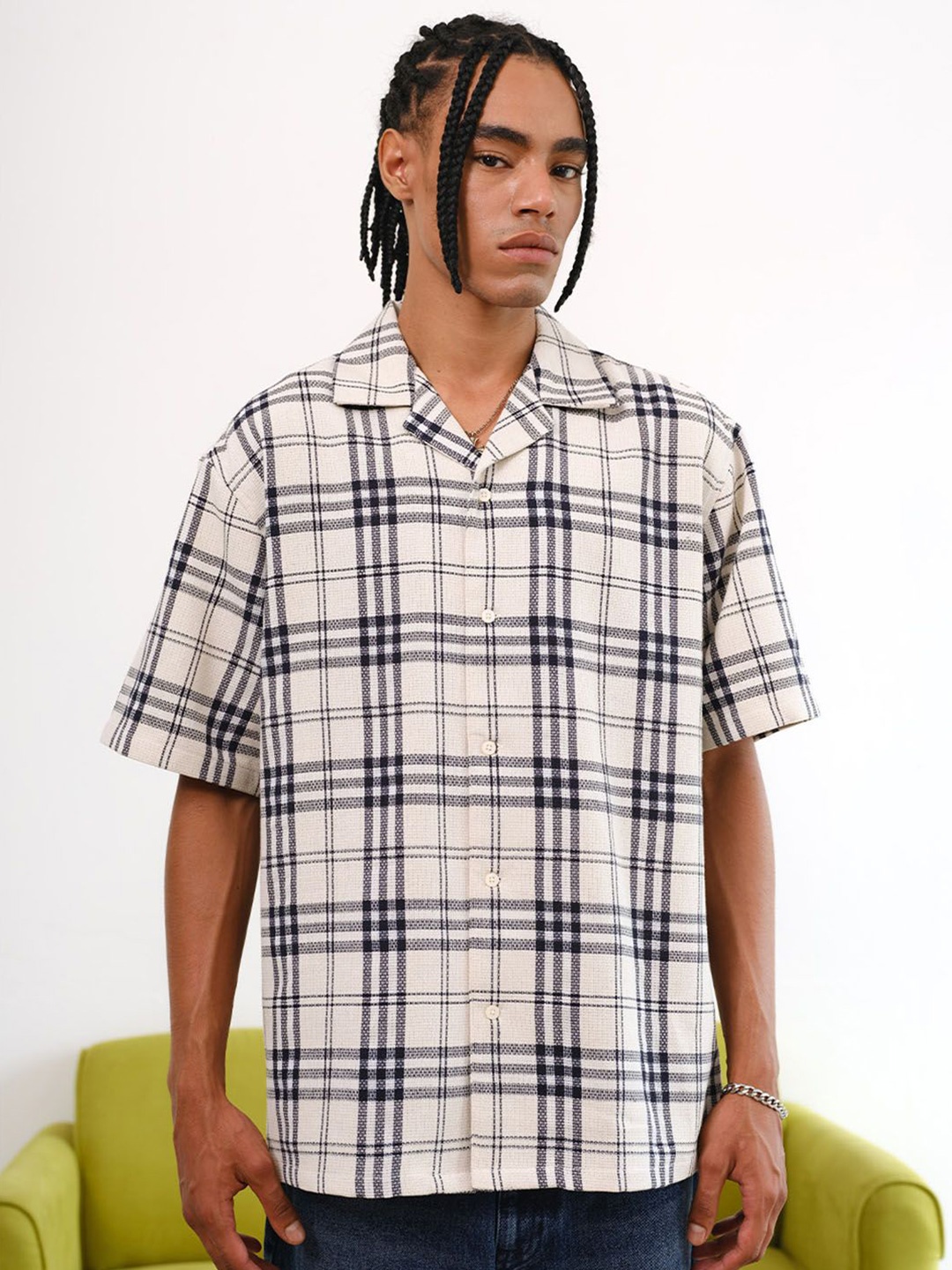 

Bonkers Corner Men Tartan Checks Opaque Casual Shirt, White