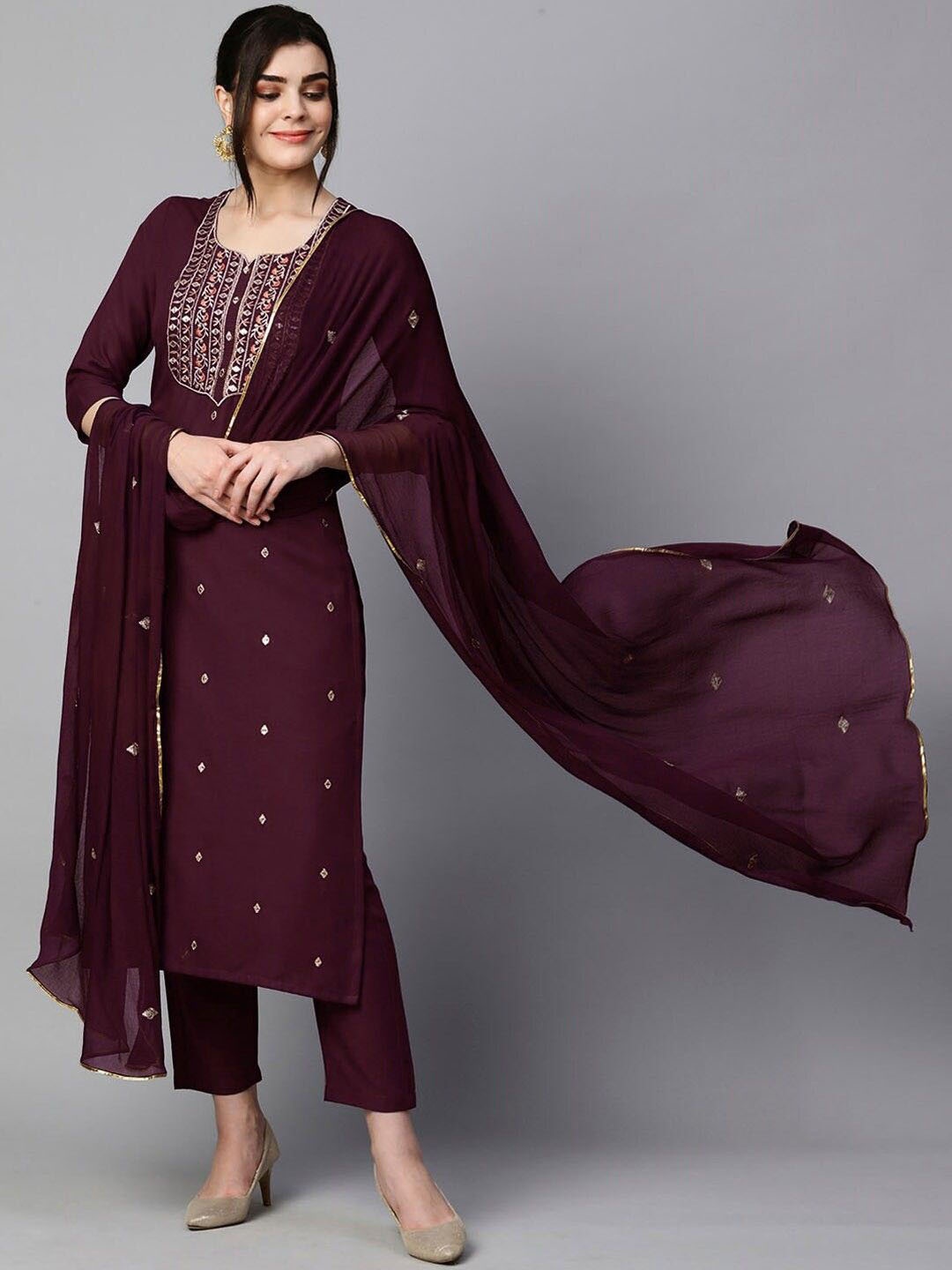 

GoSriKi Floral Embroidered Straight Kurta With Trousers & Dupatta, Maroon