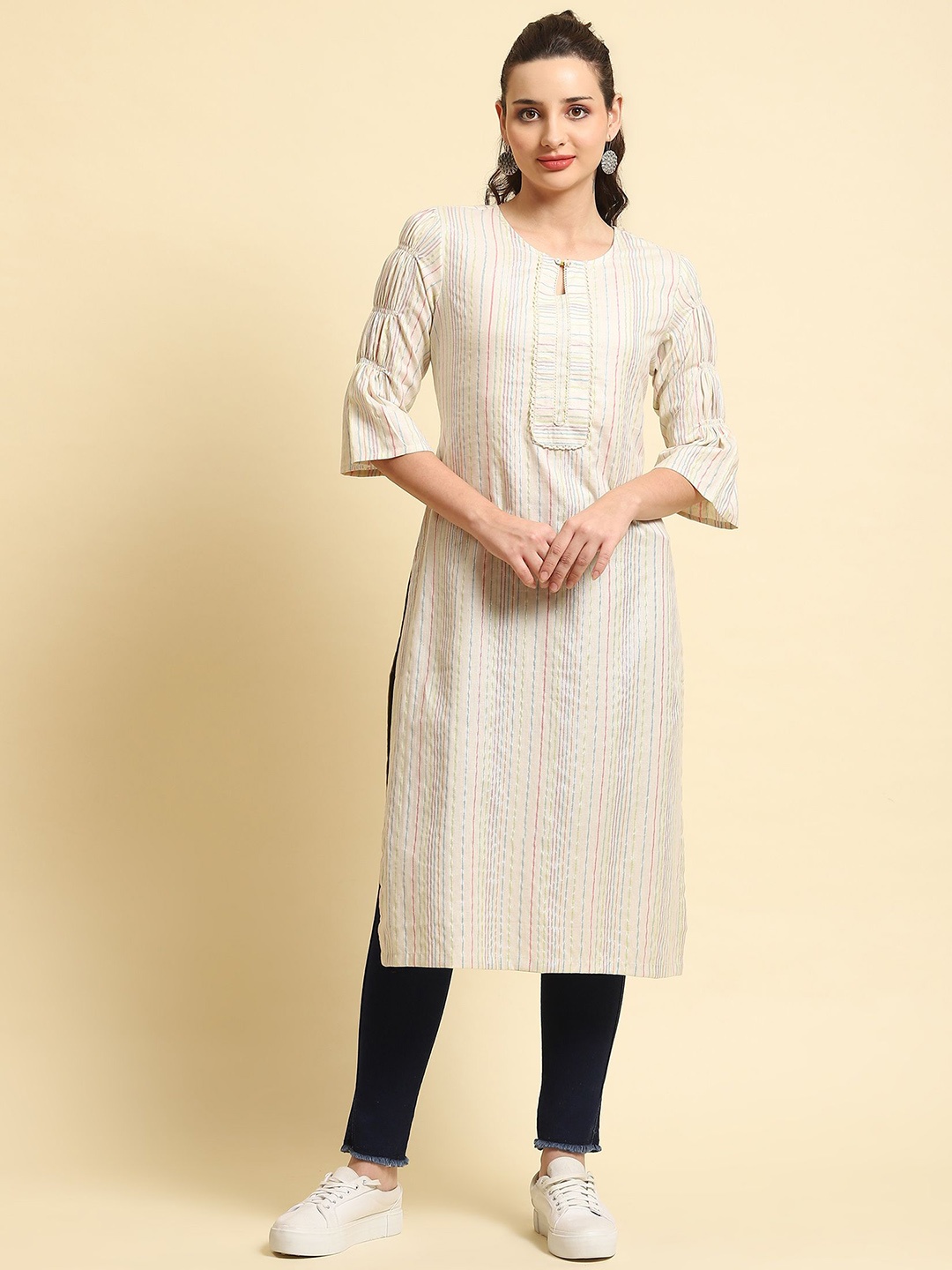 

Shree Striped Tie-Up Neck Bell Sleeves Pure Cotton Straight Kurta, Off white