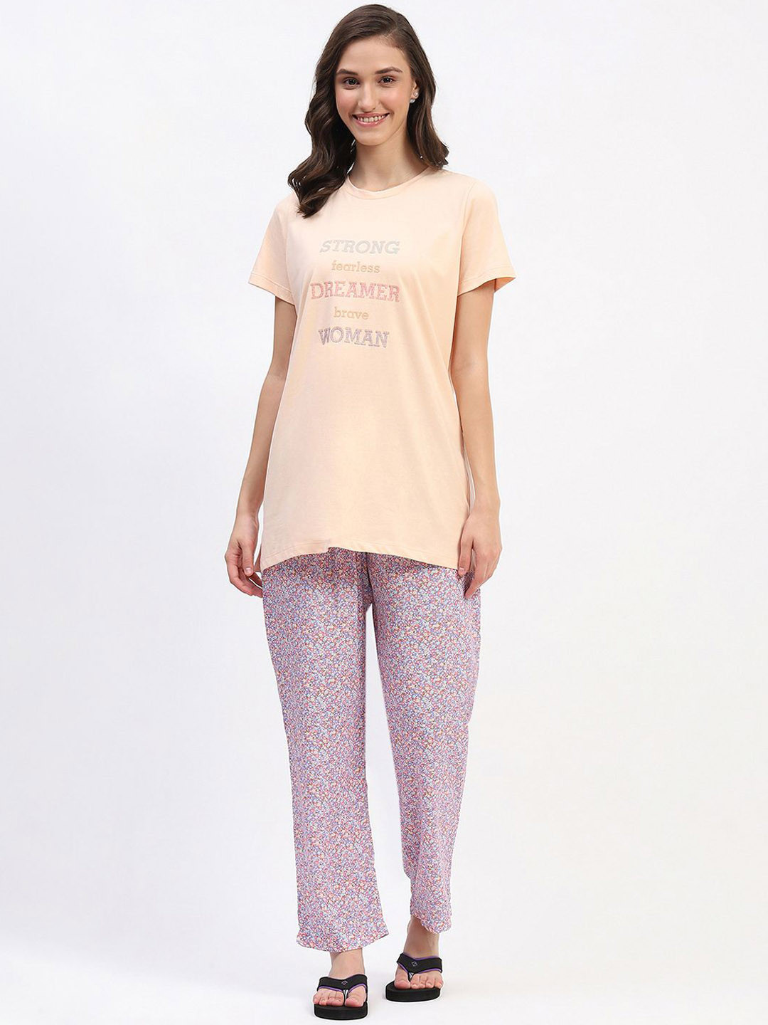 

MADAME M SECRET Women Round Neck Printed Night suit, Peach