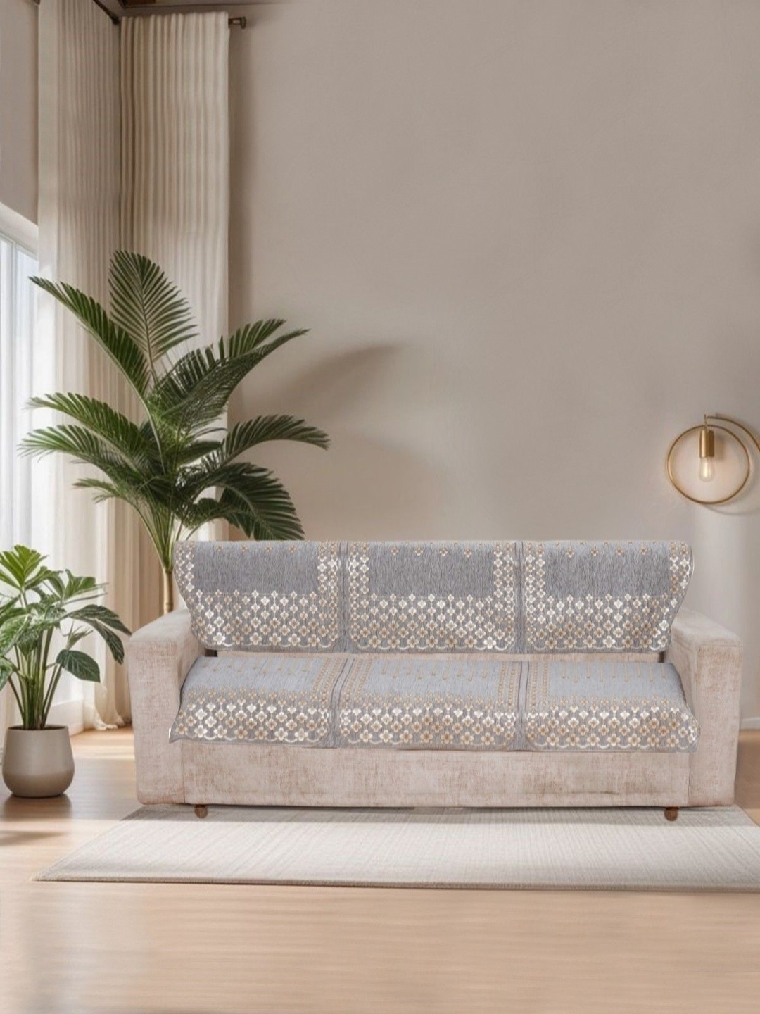 

MORADO Grey & Gold-Toned 6 Pieces Embroidered Velvet Sofa Cover With Arms