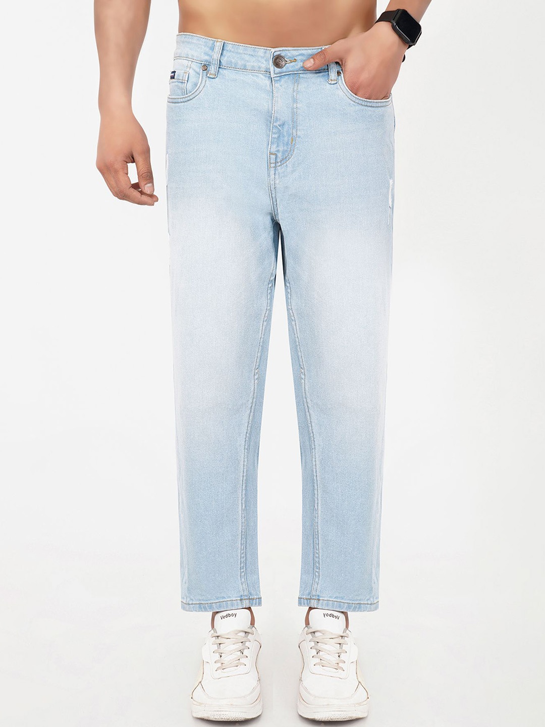 

MEGHZ Men Loose Relaxed Fit Heavy Fade Bleached Stretchable Jeans, Blue