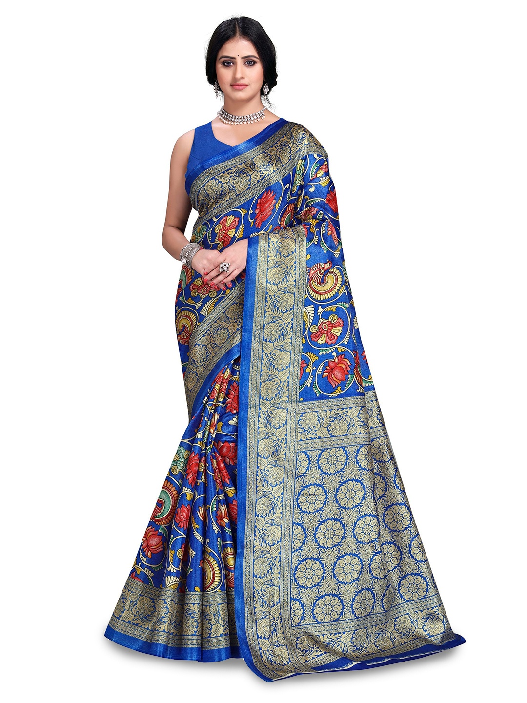 

VIRICA Floral Printed Zari Saree, Blue