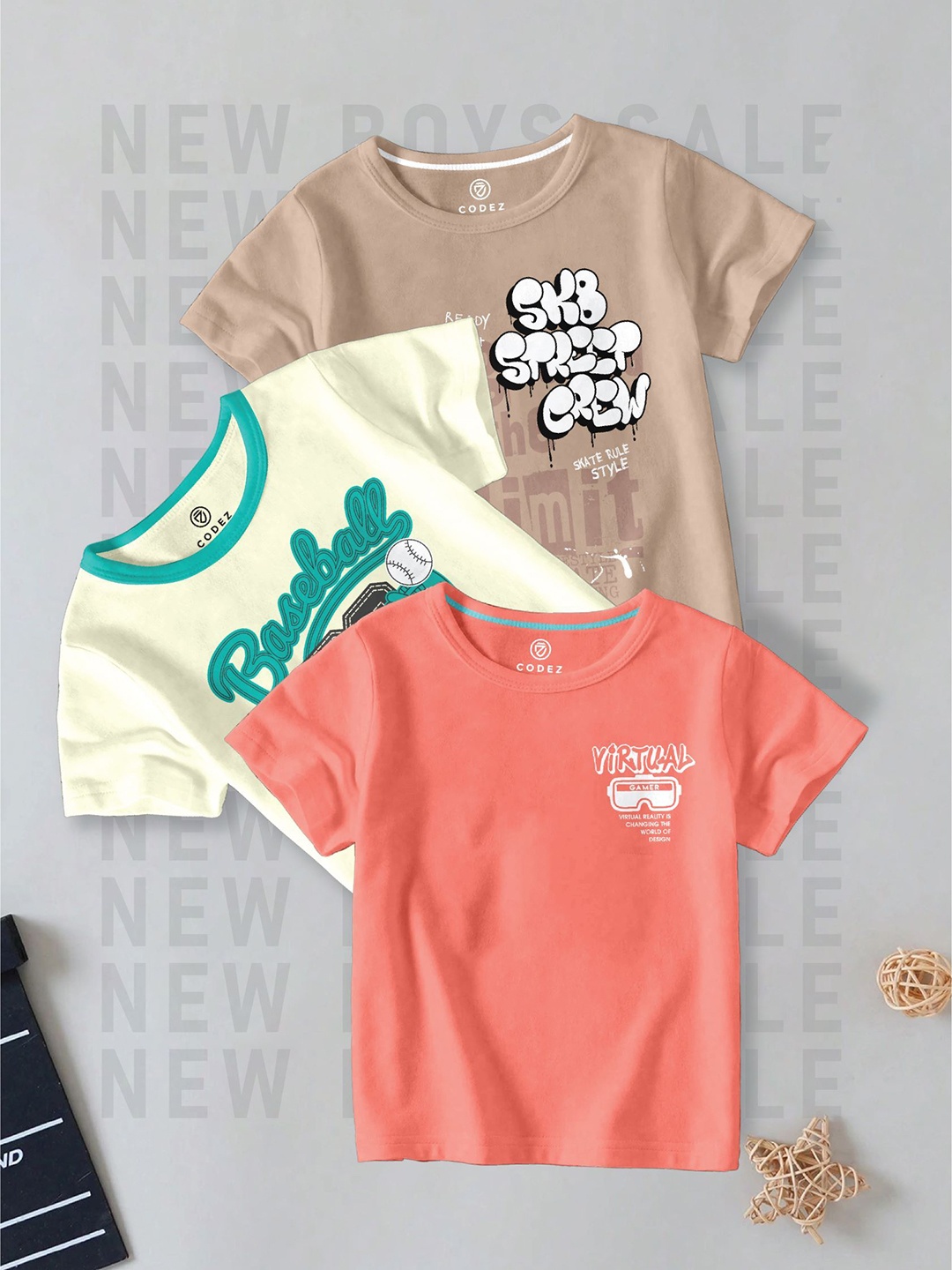 

CODEZ Boys Pack Of 3 Typography Printed Round Neck Cotton T-shirts, Cream