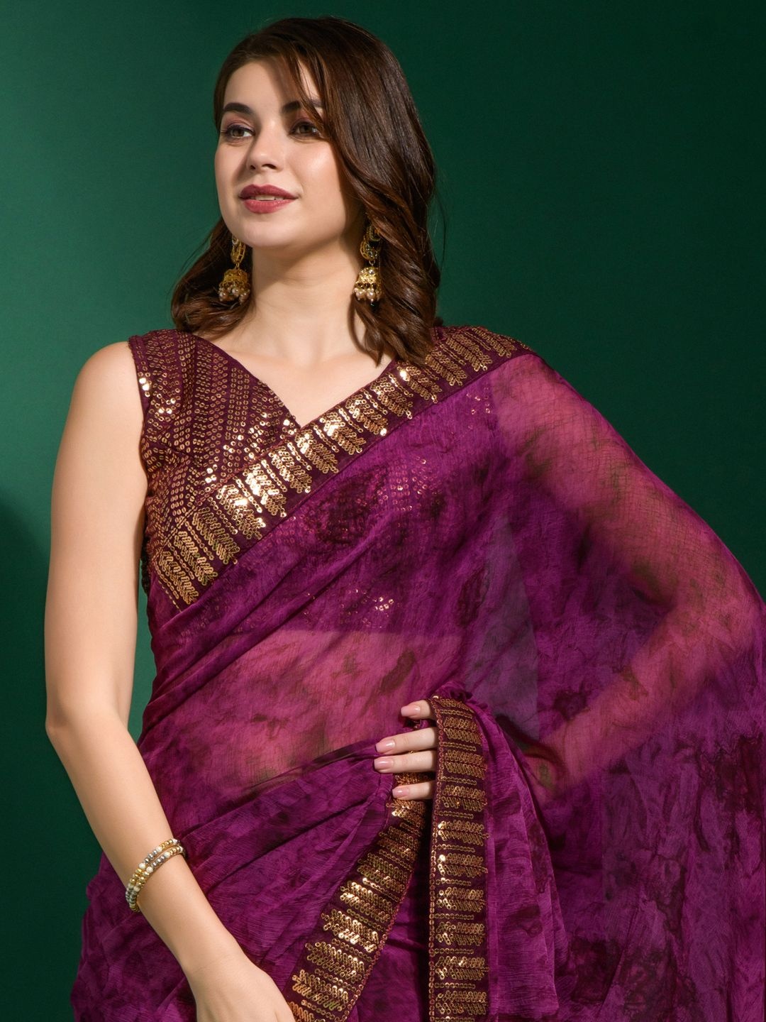 

Sangria Embellished Tie and Dye Saree With Matching Blouse, Purple