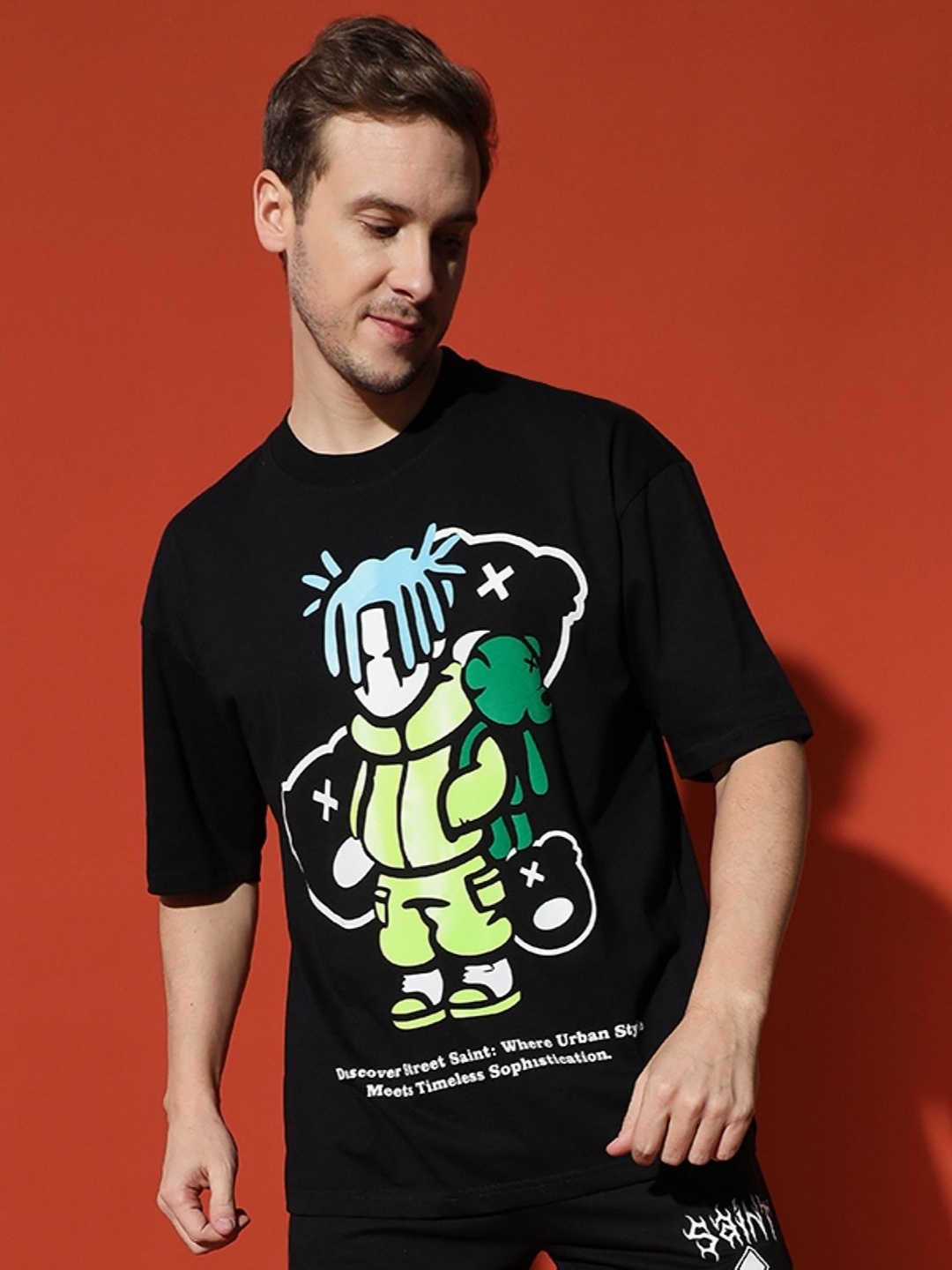 

GRIFFEL Men Graphic Printed Round Neck Cotton Oversized T-shirt, Black