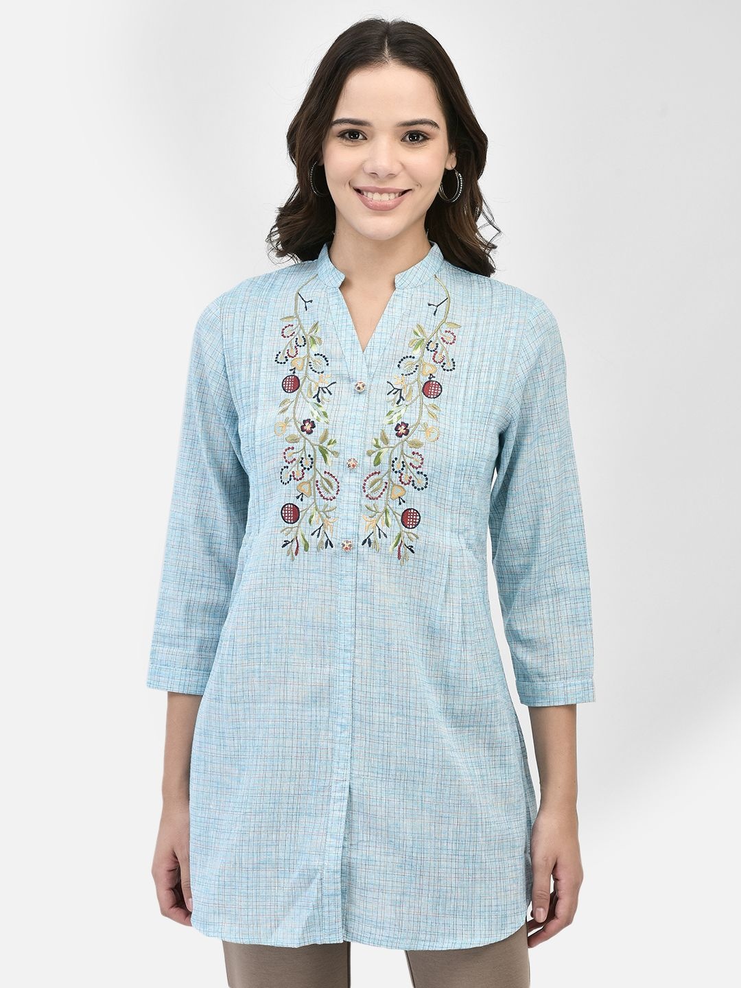 

FUTURO Women Floral Printed Mandarin Collar Top, Turquoise blue