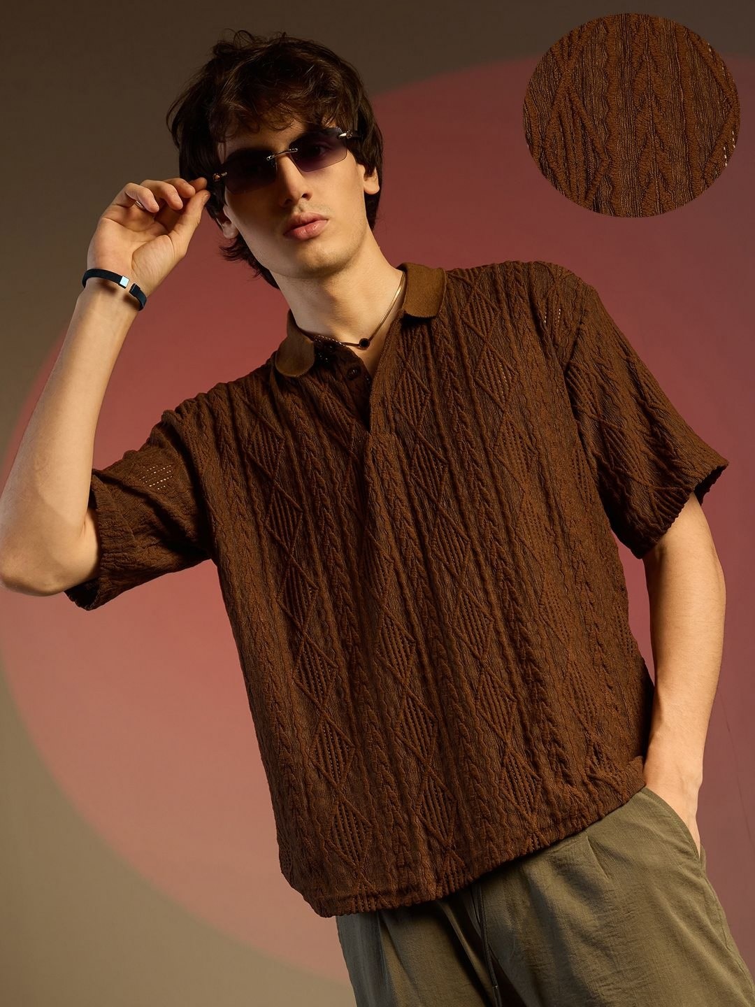 

Campus Sutra Men Self Design Polo Collar Cotton T-shirt, Brown