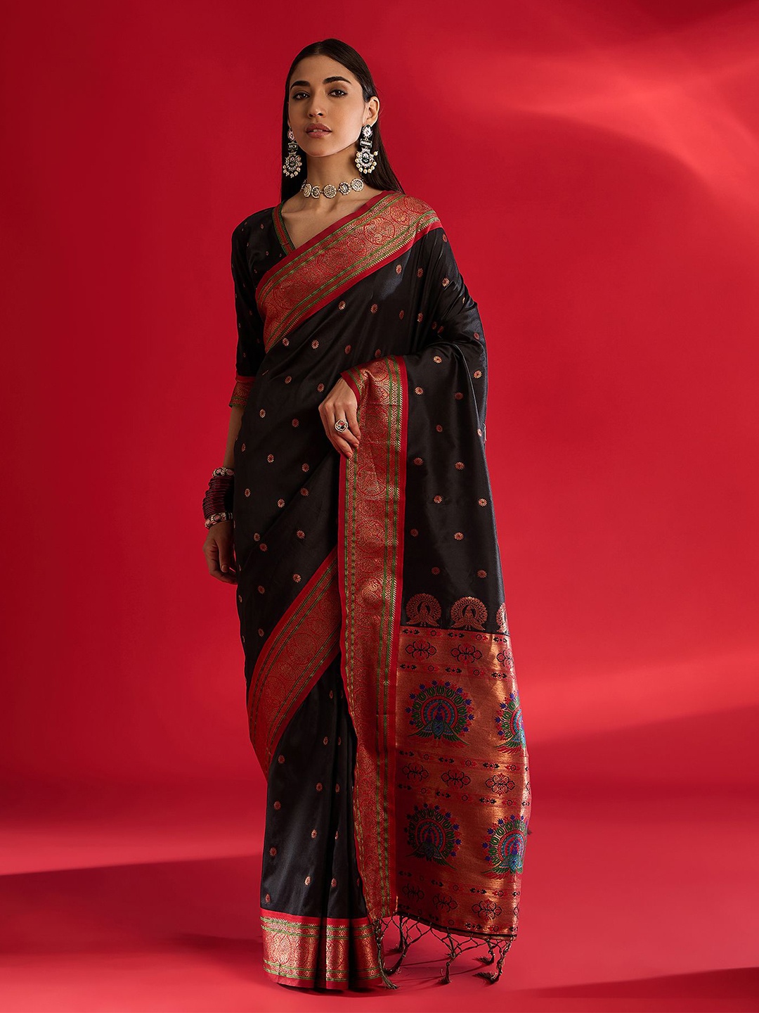 

Sangria Woven Design Saree With Matching Blouse, Black