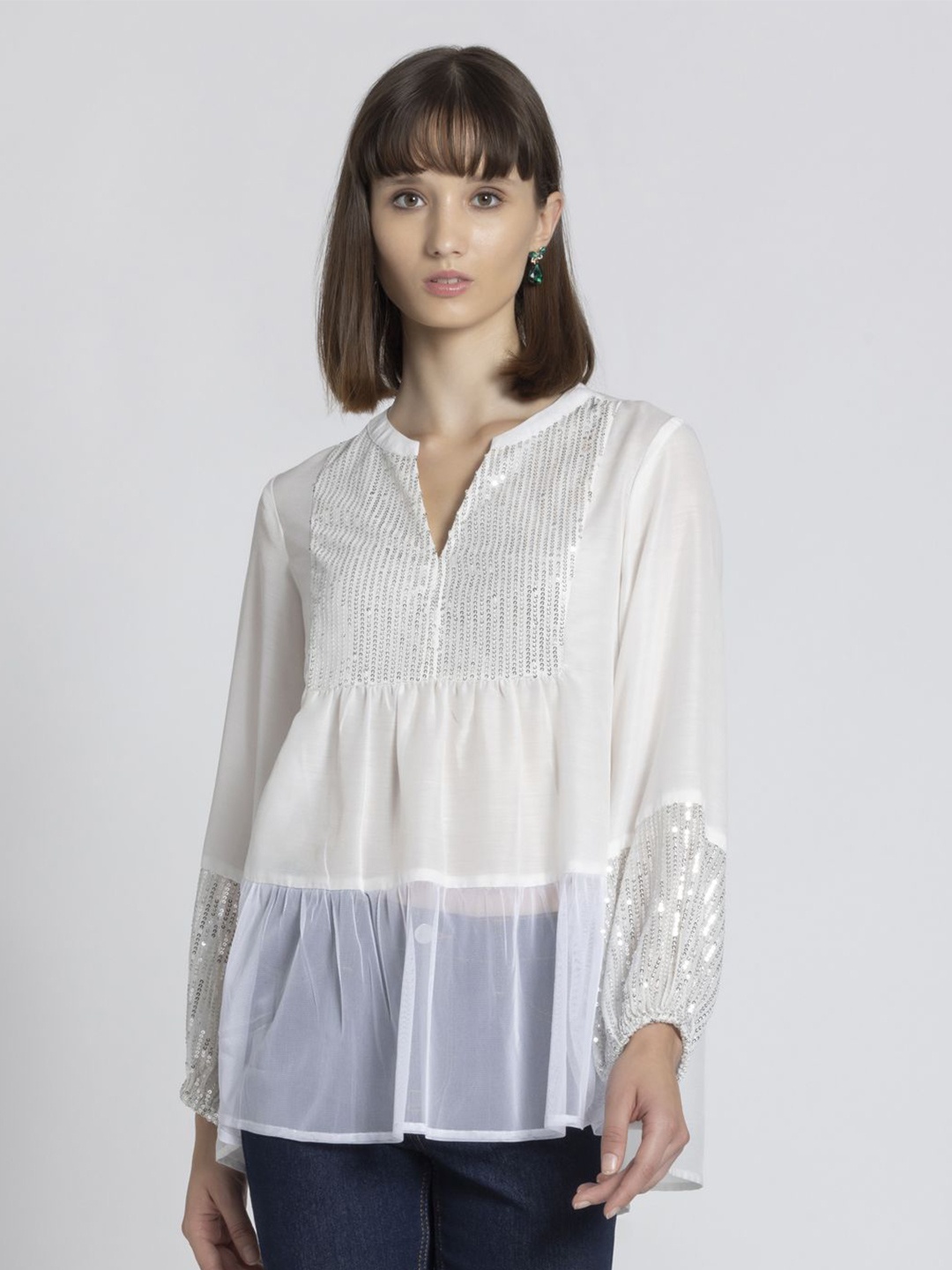 

SHAYE Women V-Neck Long Sleeves Ethnic Top, White