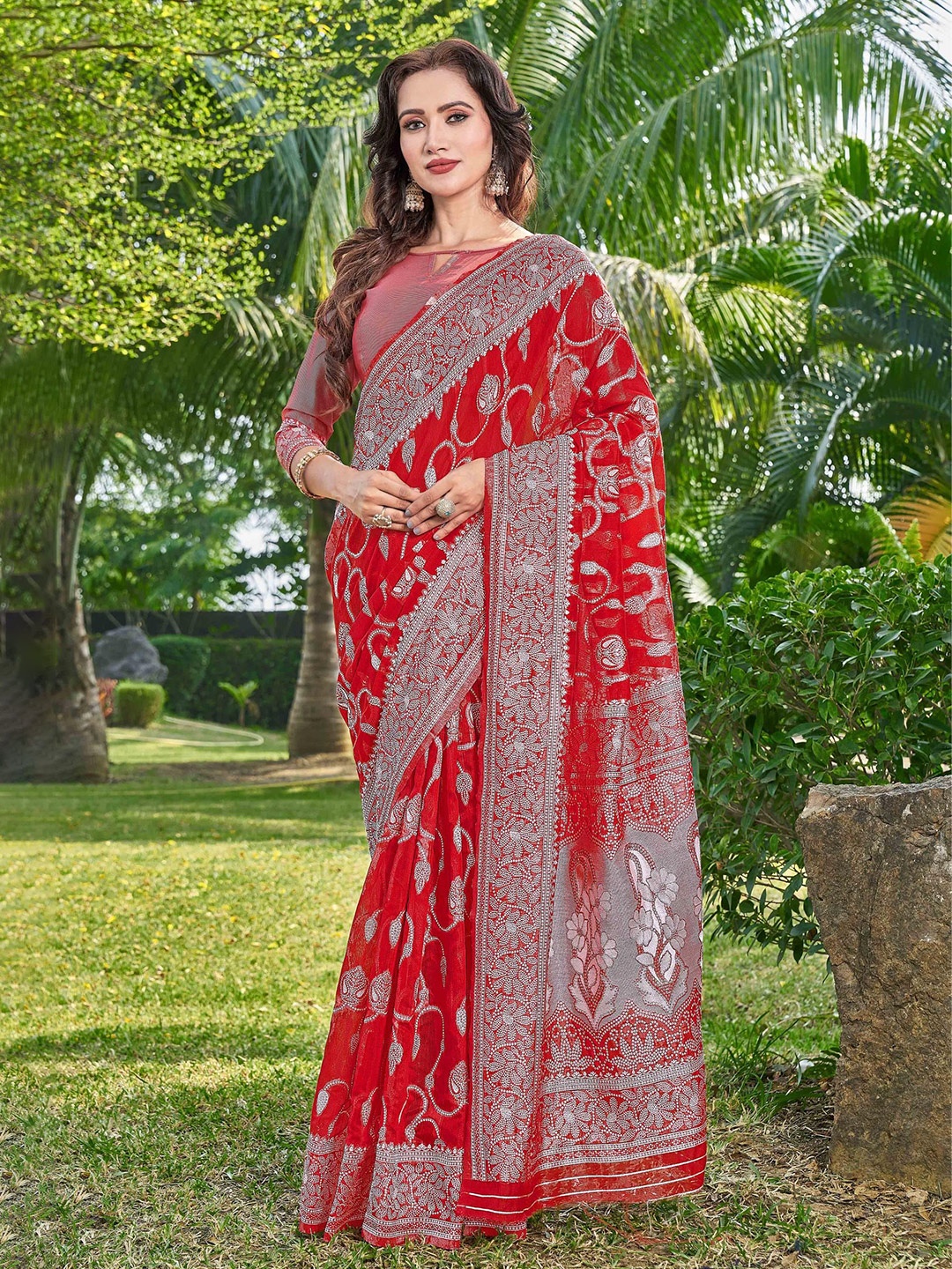 

Krimmple Woven Design Zari Jamdani Saree, Red