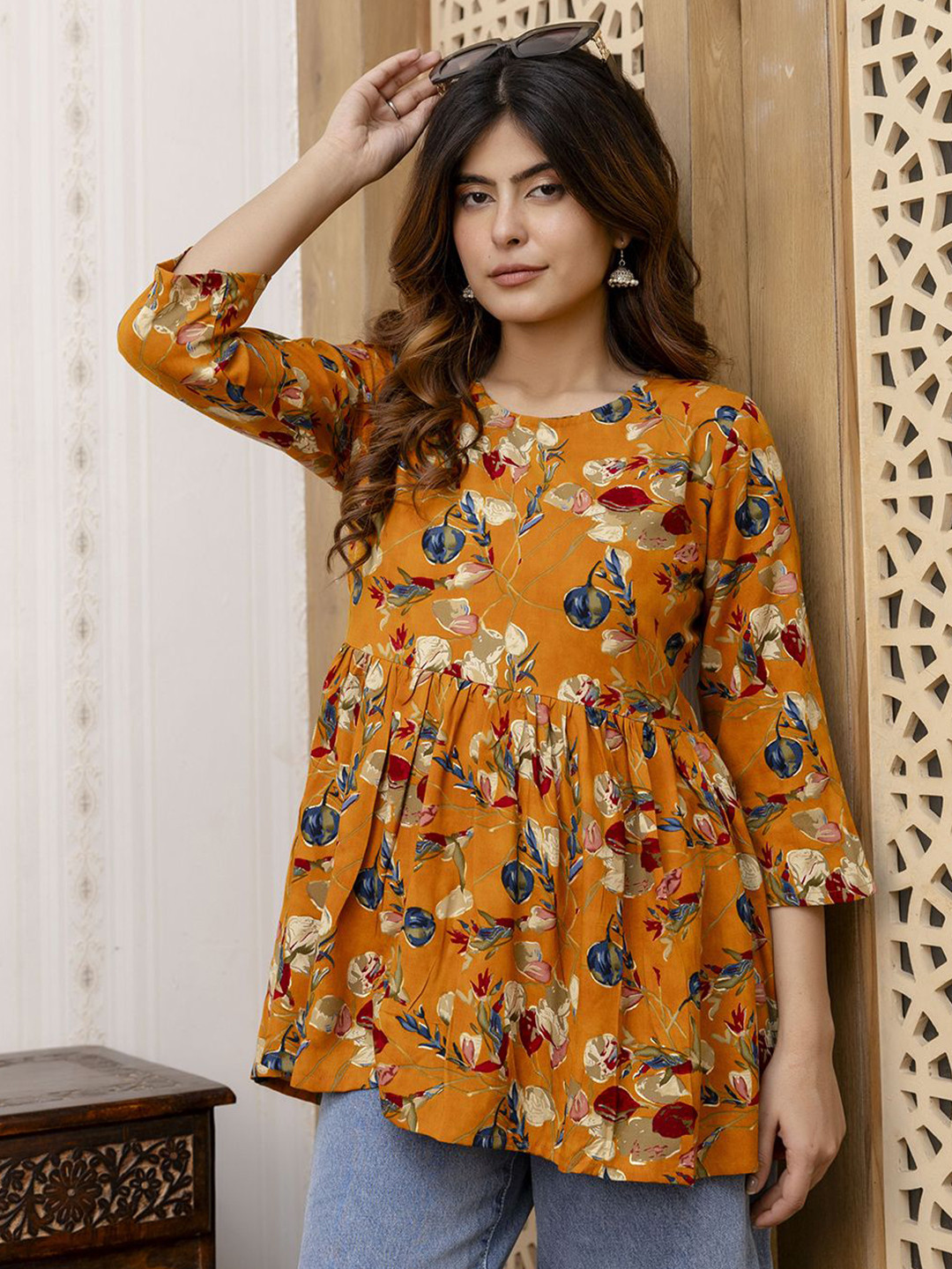 

Nayo Women Floral Printed Round Neck Top, Mustard