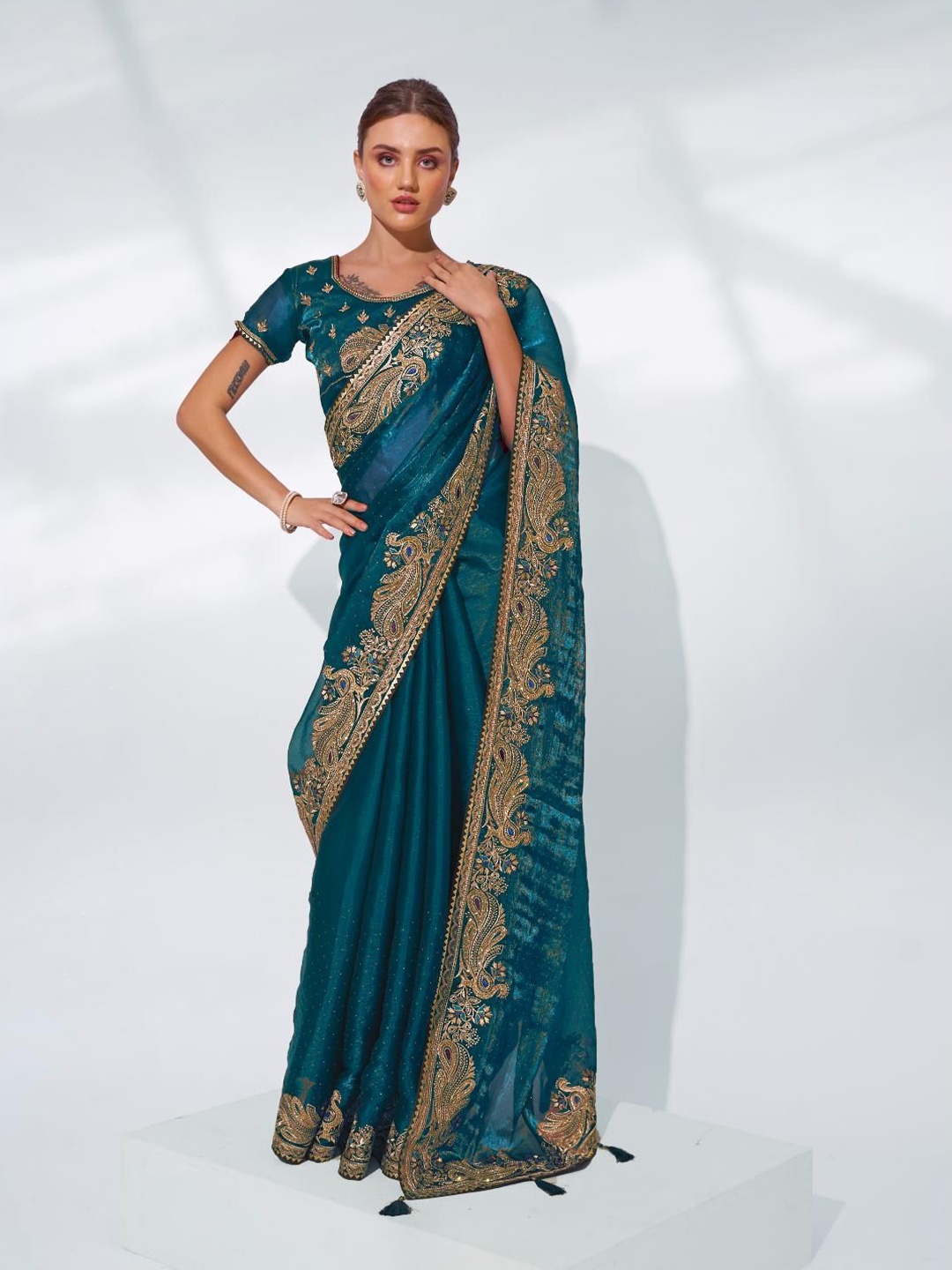 

Kalista Embroidered Organza Saree, Teal