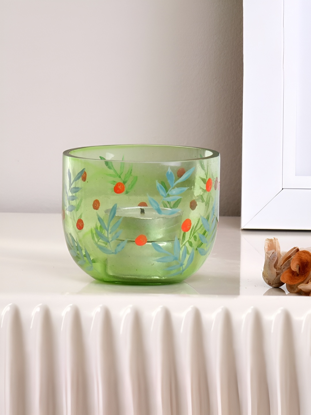 

Athome by Nilkamal Green & Orange Tropical Printed Glass Votive Candle Holder