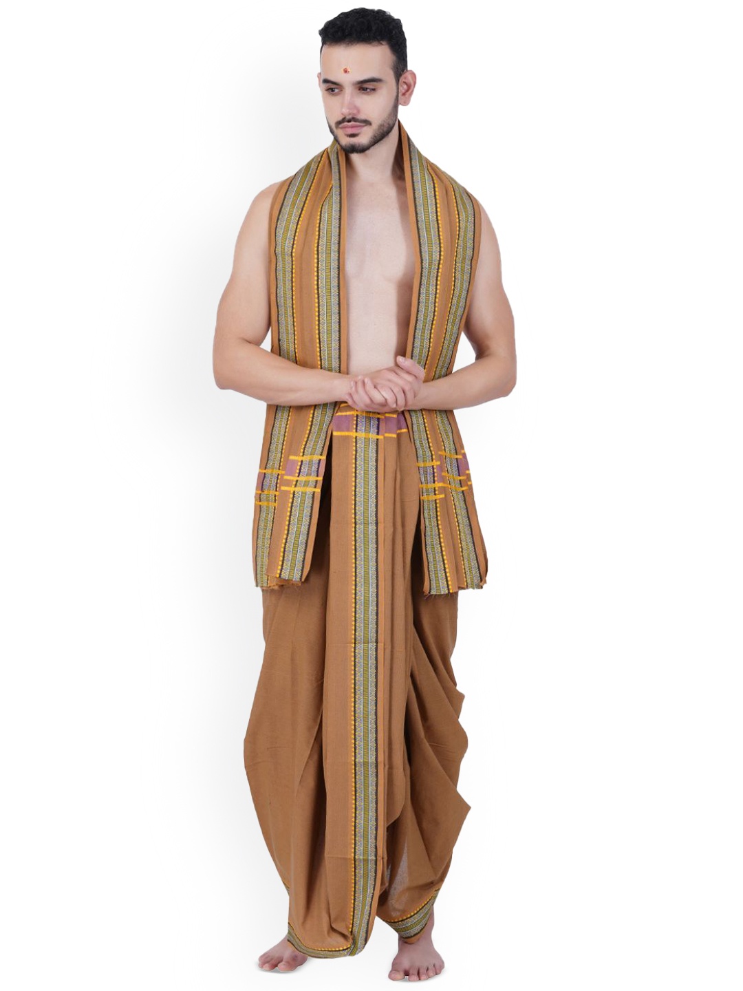 

Ethazh Men Cotton Dhoti & Angavasthram with Woven Border, Brown