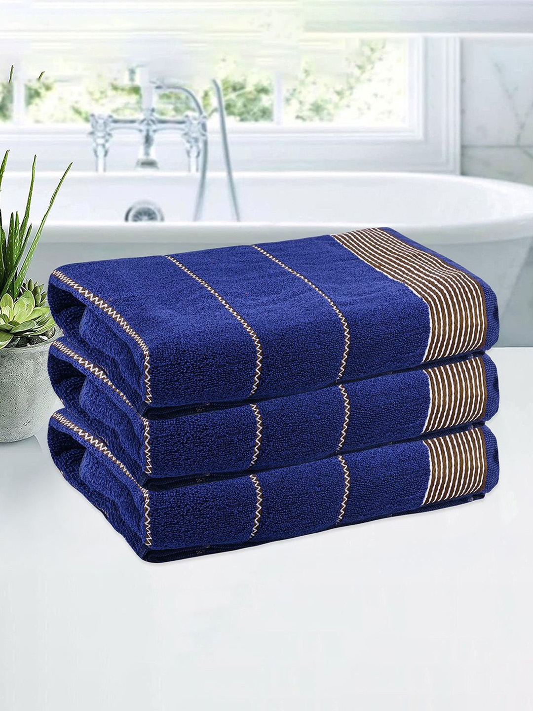 

Kuber Industries Blue & White 3 Pieces Striped Cotton 450 GSM Bath Towel