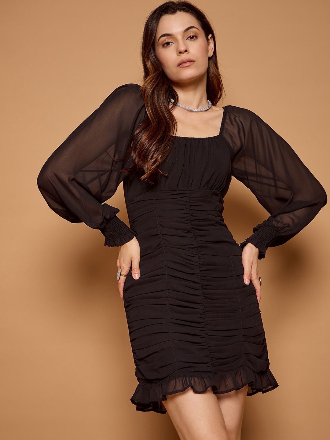 

Kibo Bishop Sleeve Georgette Bodycon Mini Dress, Black