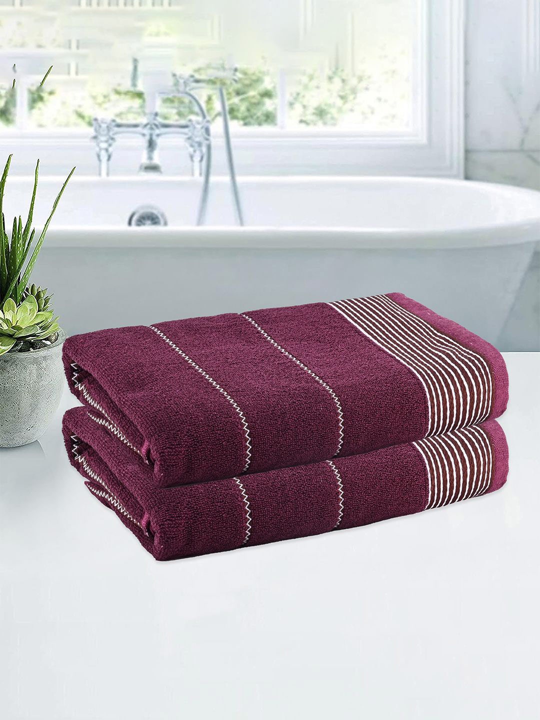 

Kuber Industries Maroon & White 2 Pieces Striped Cotton 450 GSM Bath Towel