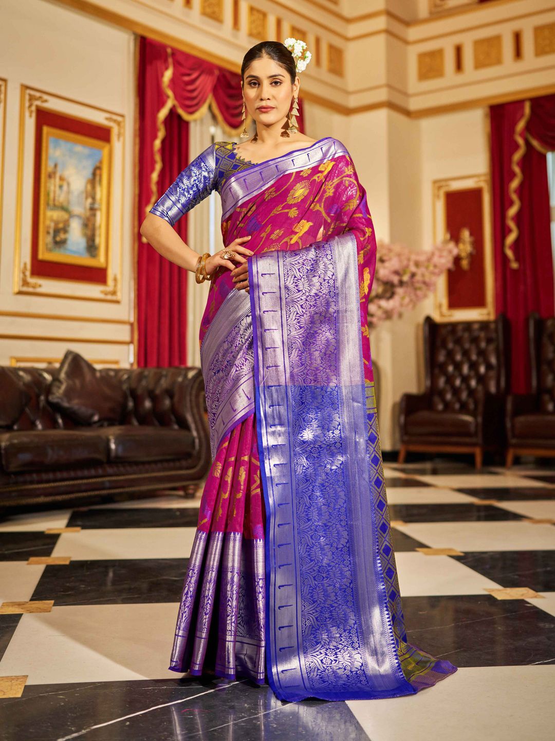 

Krimmple Woven Design Festive Saree With Zari, Pink