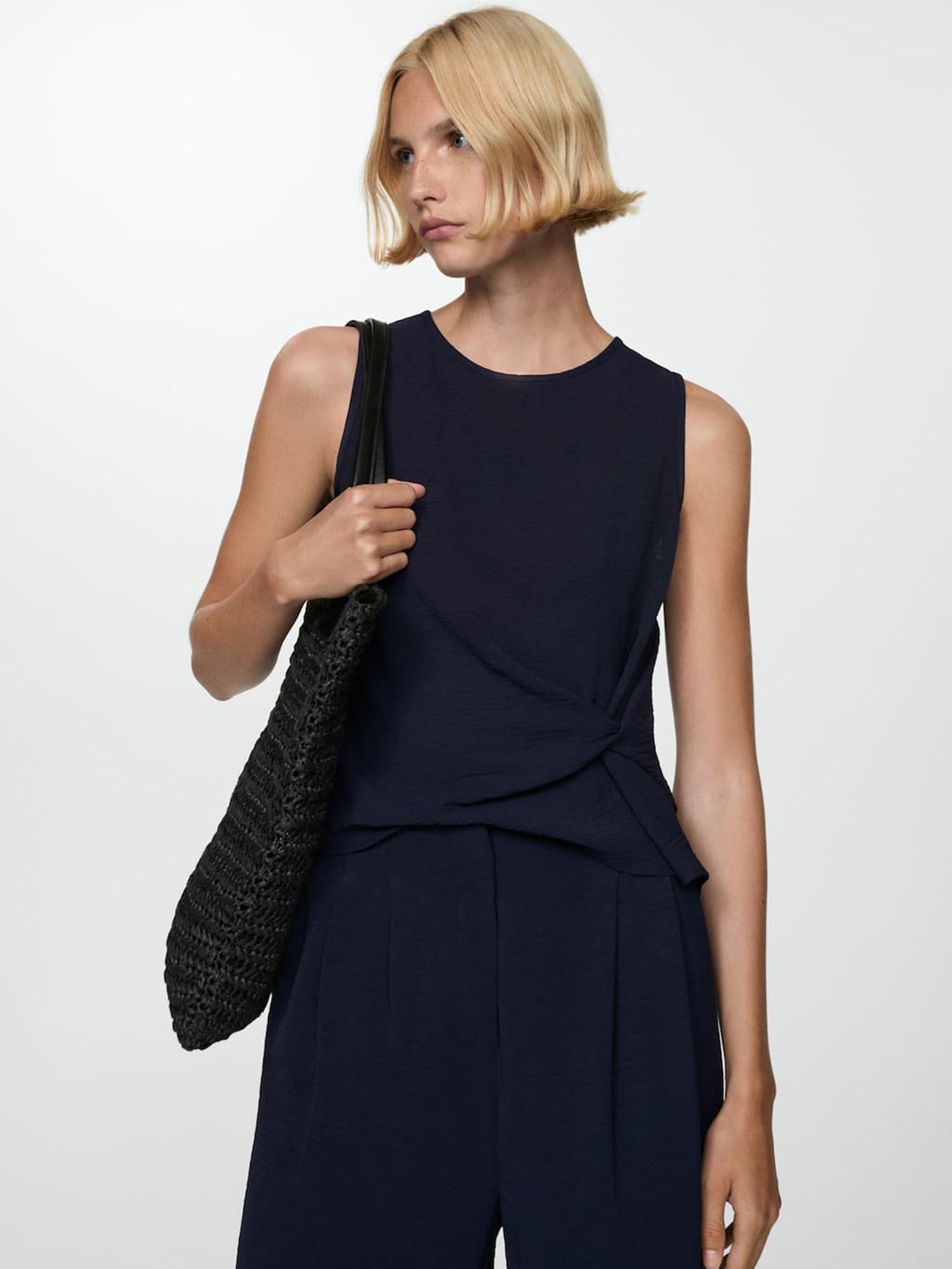 

MANGO Textured Twisted-Detail Top, Navy blue
