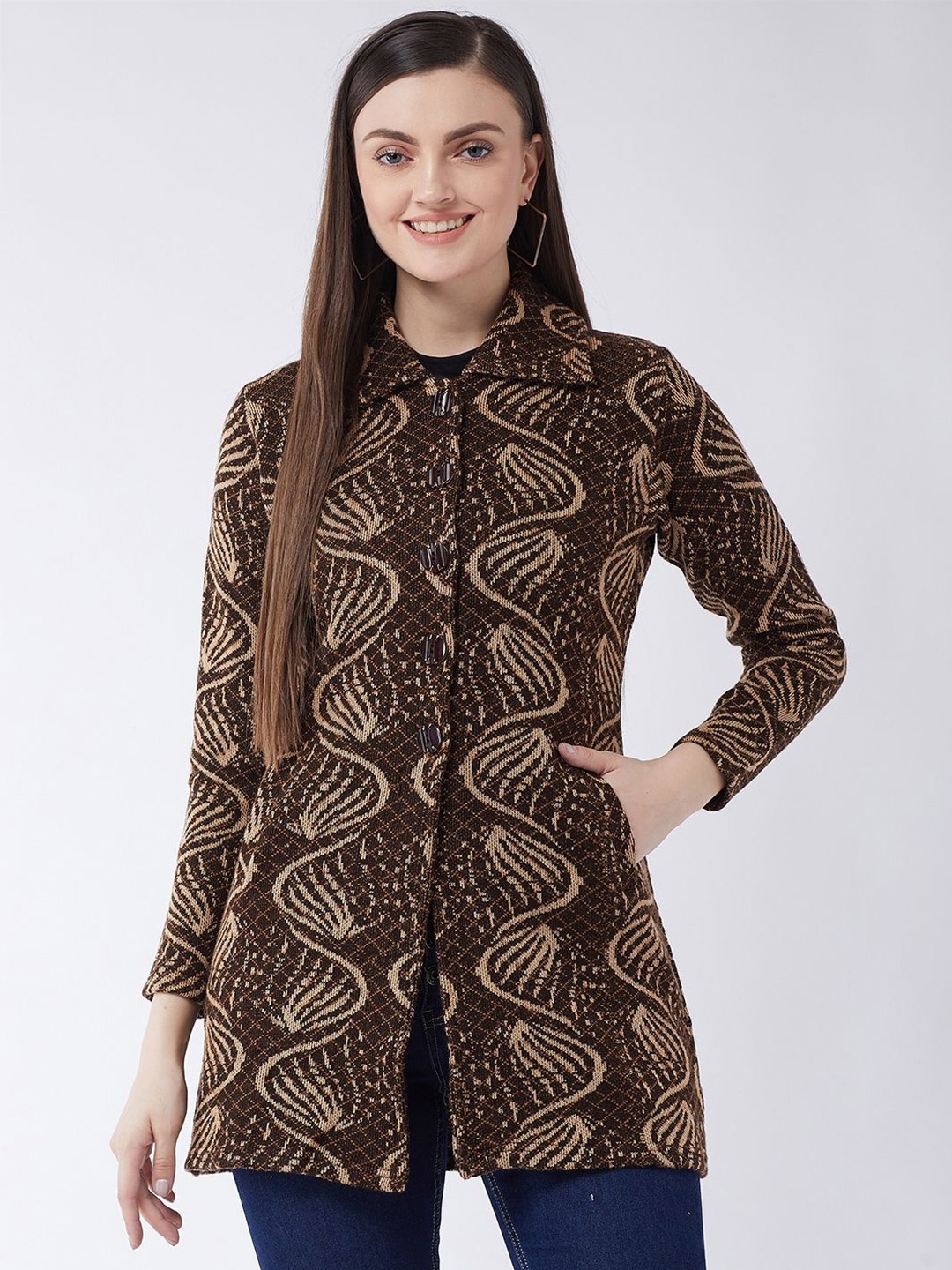 

PIVL Women Printed Longline Cardigan Sweater, Brown