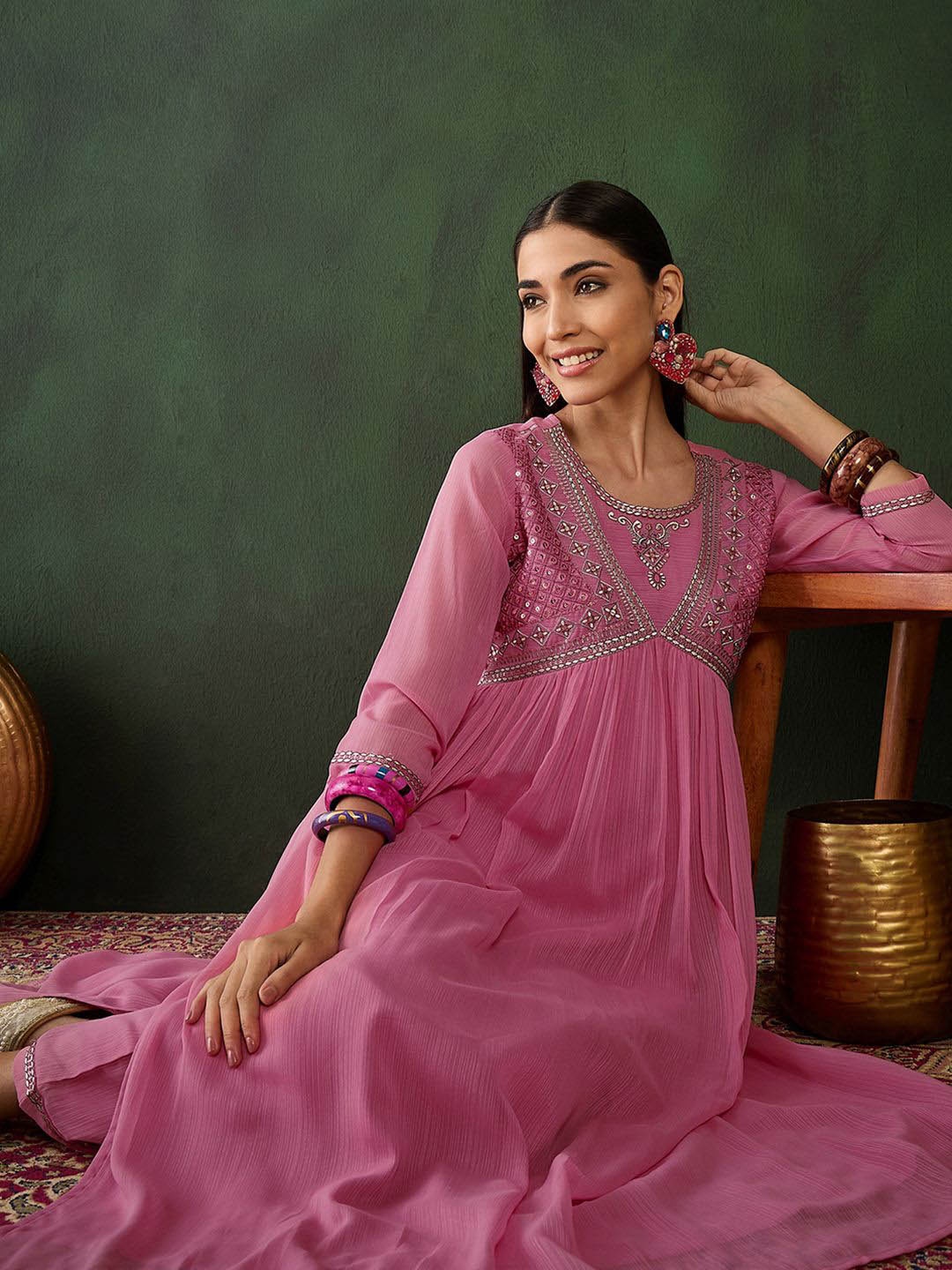 

Sangria Pink Floral Embroidered Empire A-Line Zari Kurta With Trousers