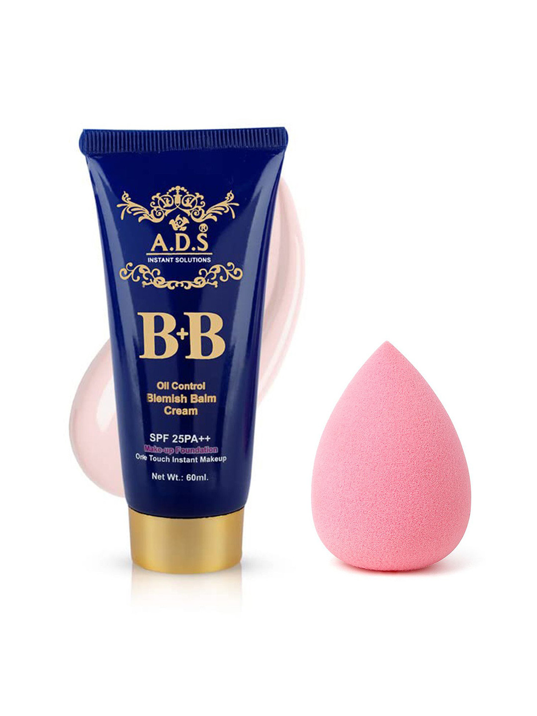 

A.D.S SPF-25 Oil Control BB Cream & Sponge Beauty Blender Puff, 60gm Shade-03, Peach