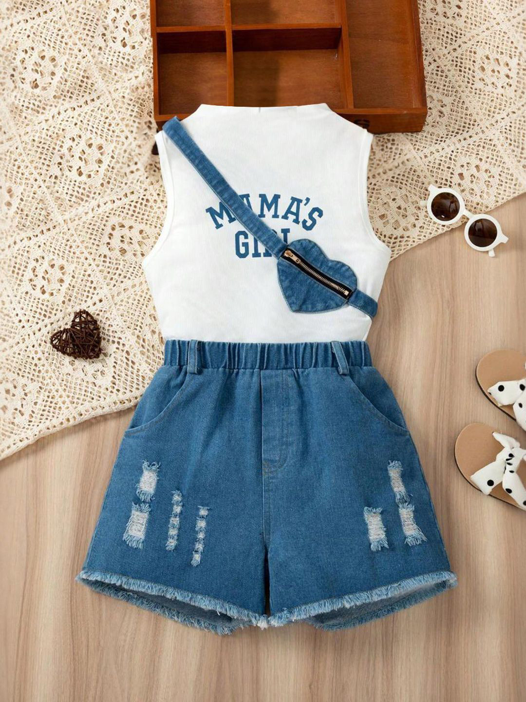 

INCLUD Girls Printed High Neck Sleeveless Cotton Blend Top With Shorts, White