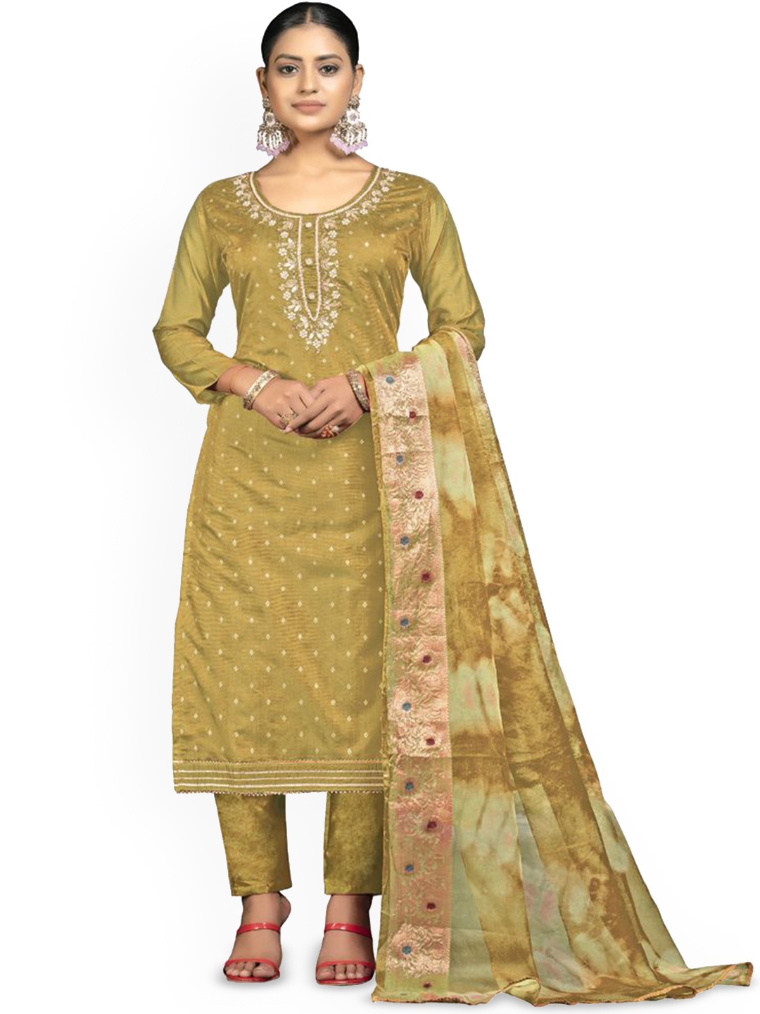 

ASISA Ethnic Motifs Embroidered Beads & Stones Art Silk Unstitched Dress Material, Mustard