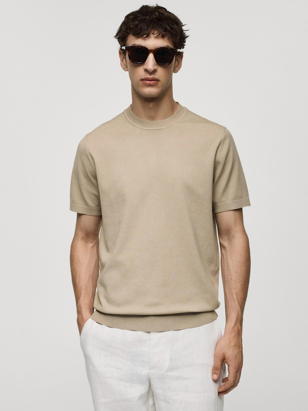

MANGO MAN Fine-knit T-shirt, Beige