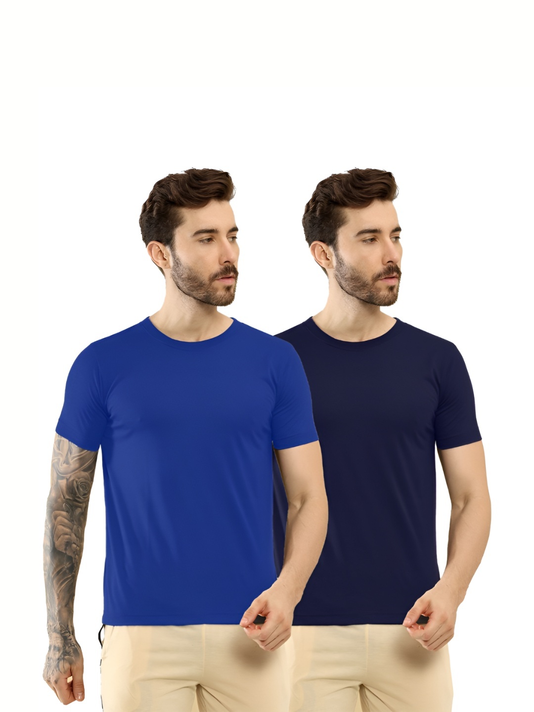 

T.T. Men Pack Of 2 Solid Round Neck Slim Fit T-shirts, Navy blue