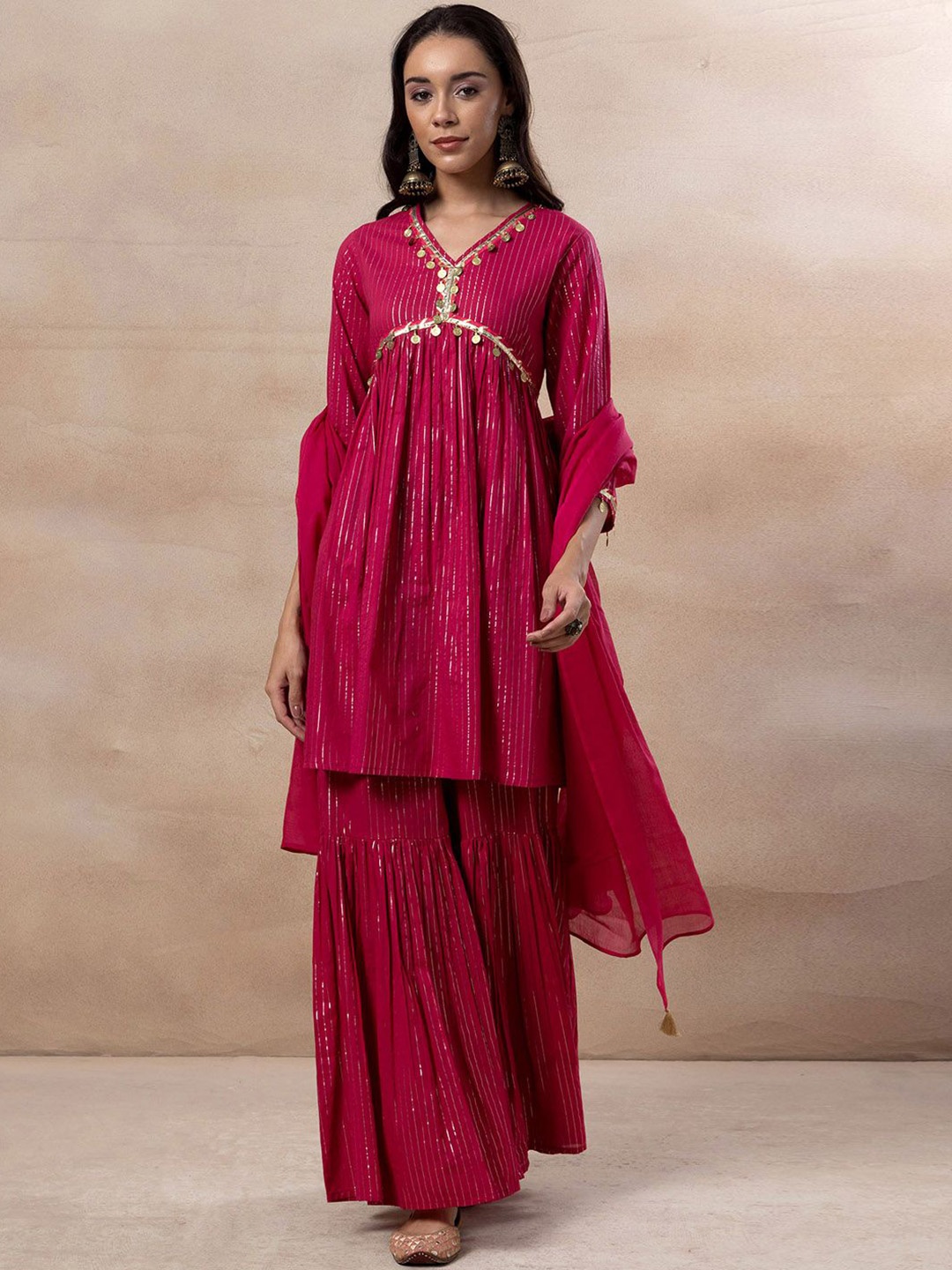 

INDYA Striped V-Neck Sequinned Empire Anarkali Kurta With Sharara & Dupatta, Pink