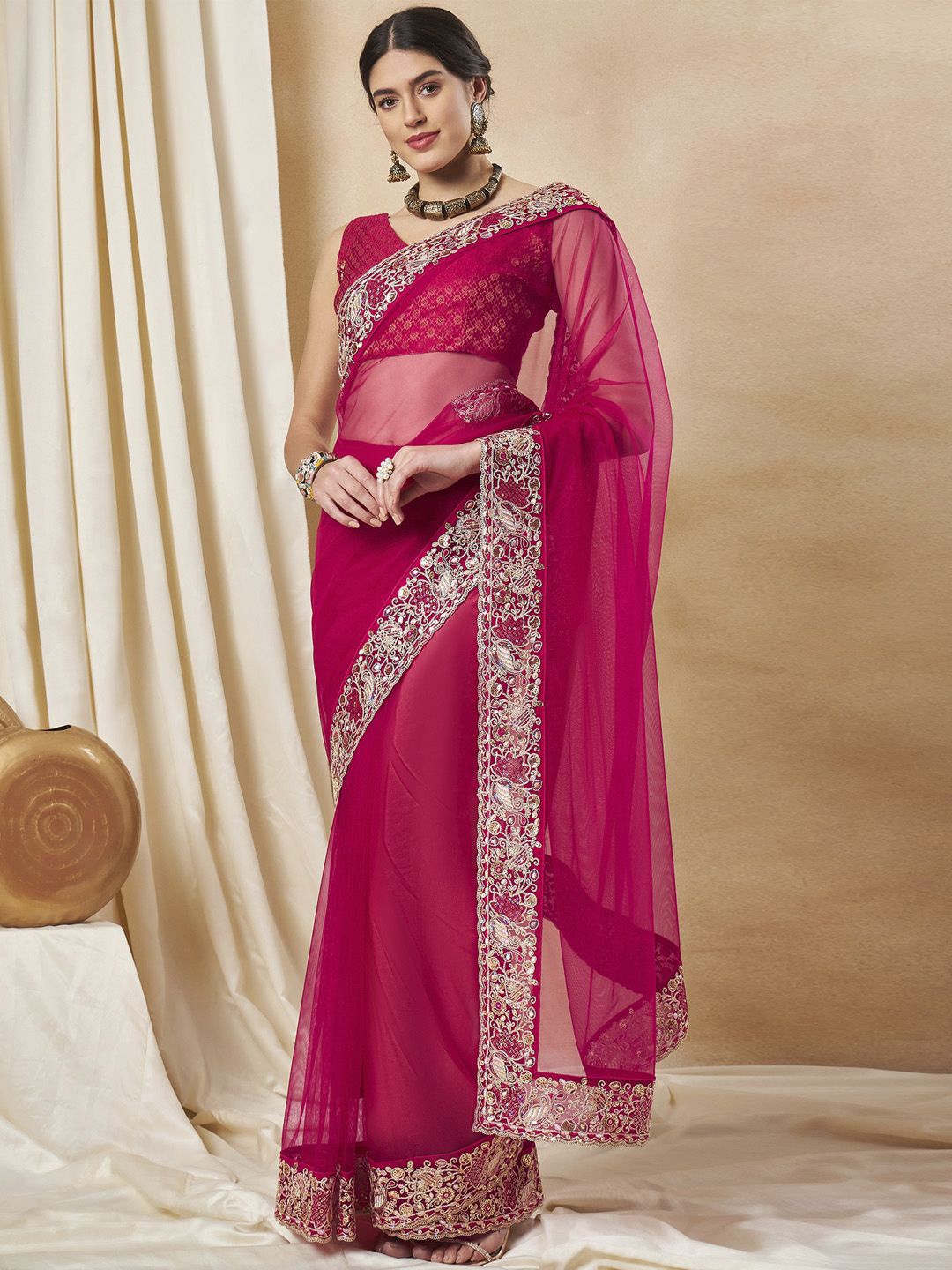 

Sangria Embellished Saree With Matching Blouse, Pink