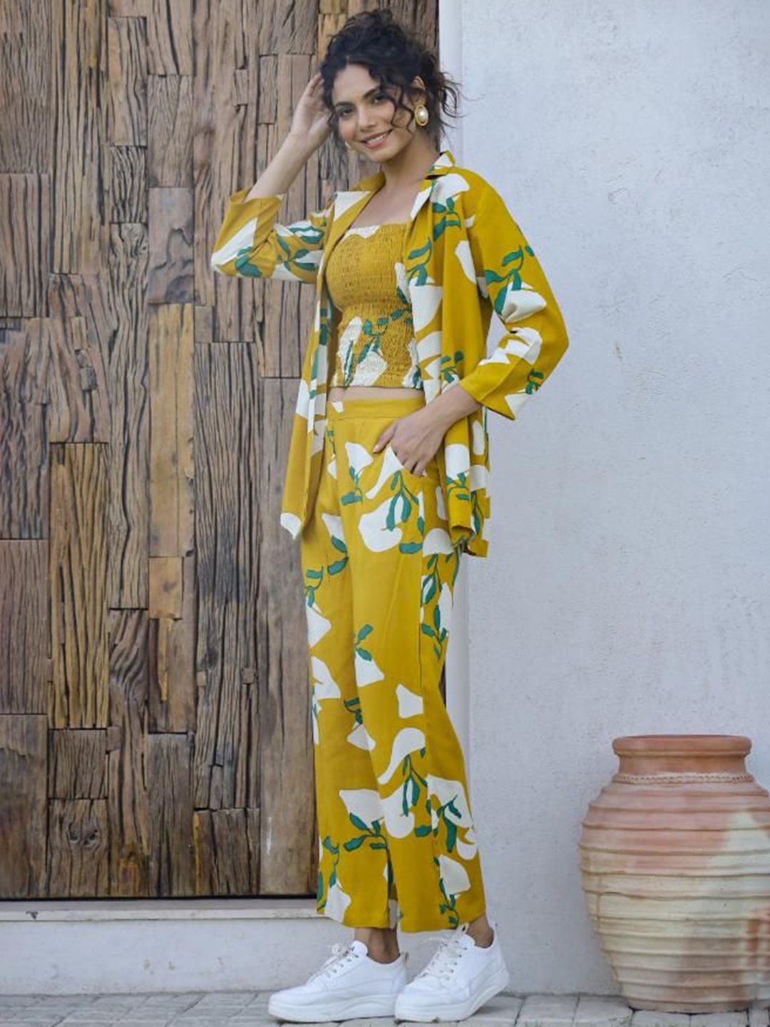 

FLAVIA CREATION Floral Prinetd Pure Cotton Shirt With Trousers, Mustard