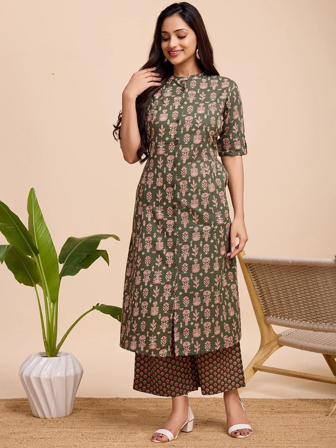 

KALINI Floral Printed Mandarin Collar Pure Cotton A-Line Kurta With Palazzos, Green