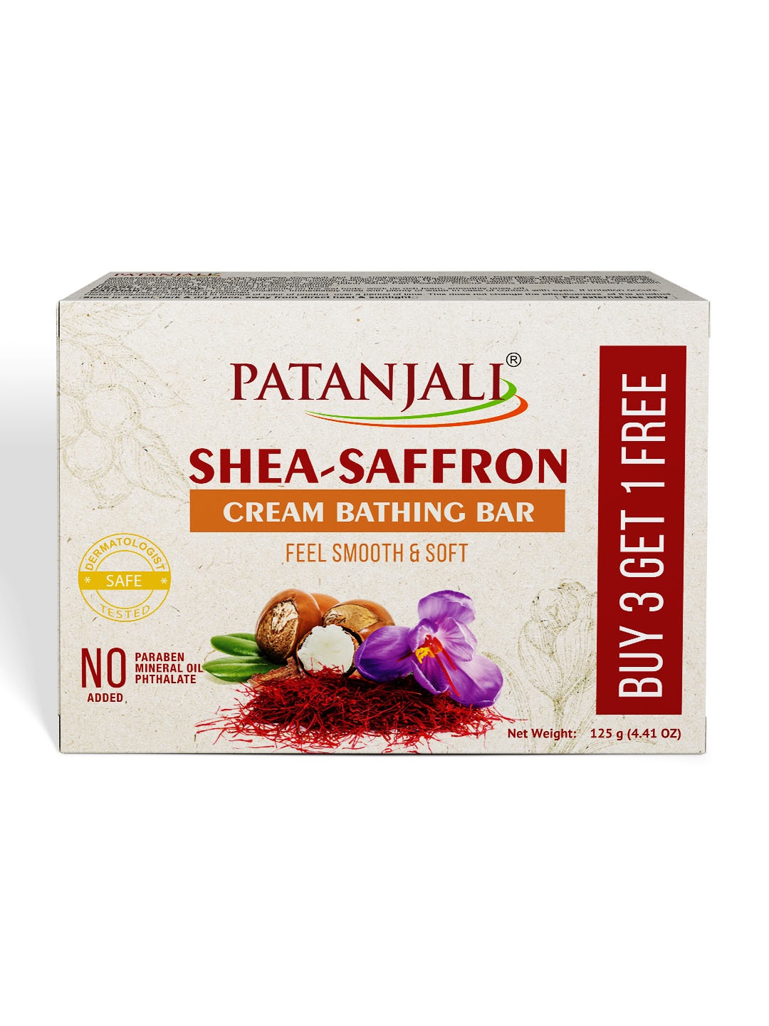 

Patanjali Set Of 4 Shea Saffron Cream Bathing Soap 125g Each - Buy 3 Get 1 Free, Beige