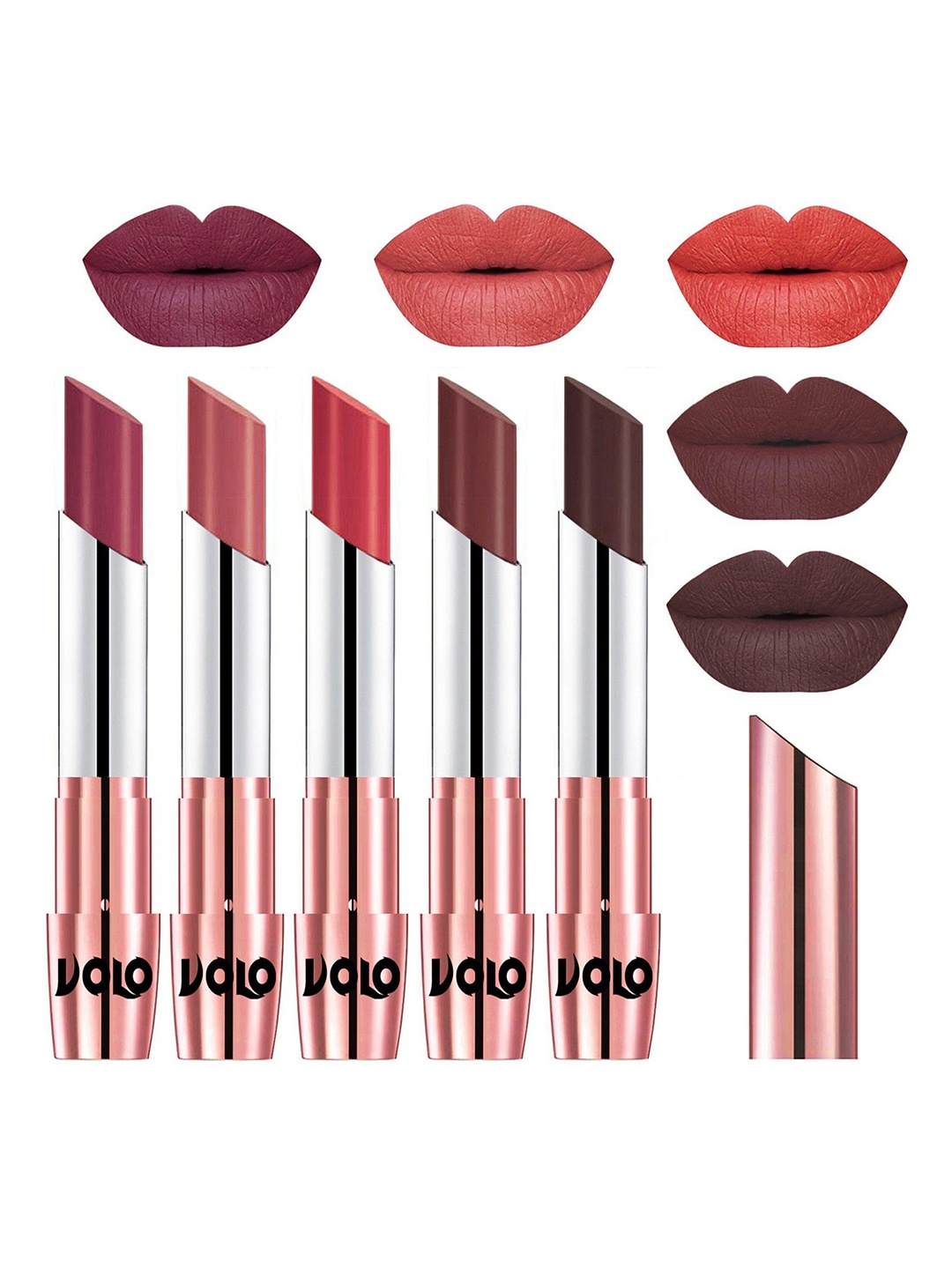 

VOLO Set Of 5 Creme Matte Lipstick-3.5g-Each Cherry- Light Peach- Peach-Coffee Chocolate, Multi