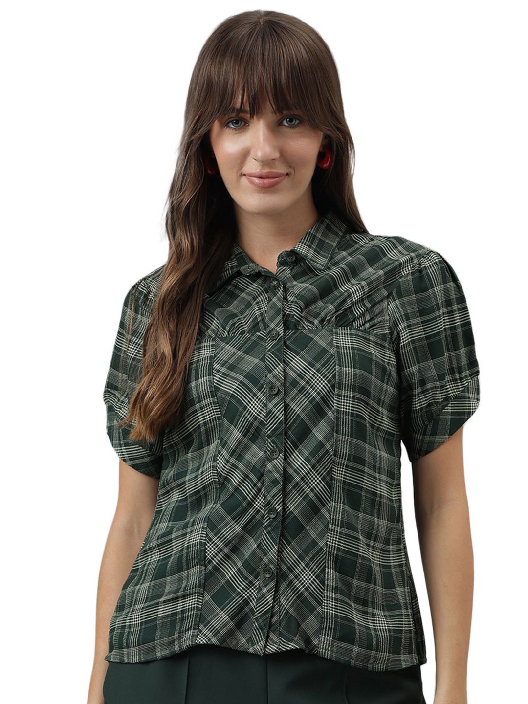 

Latin Quarters Women Spread Collar Tartan Checked Casual Shirt, Green