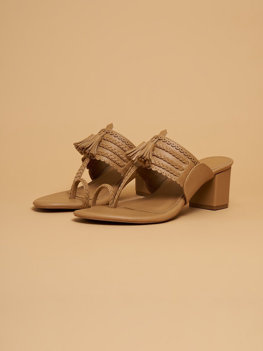 

ERIDANI Women Textured Ethnic Block Mules with Tassels, Beige